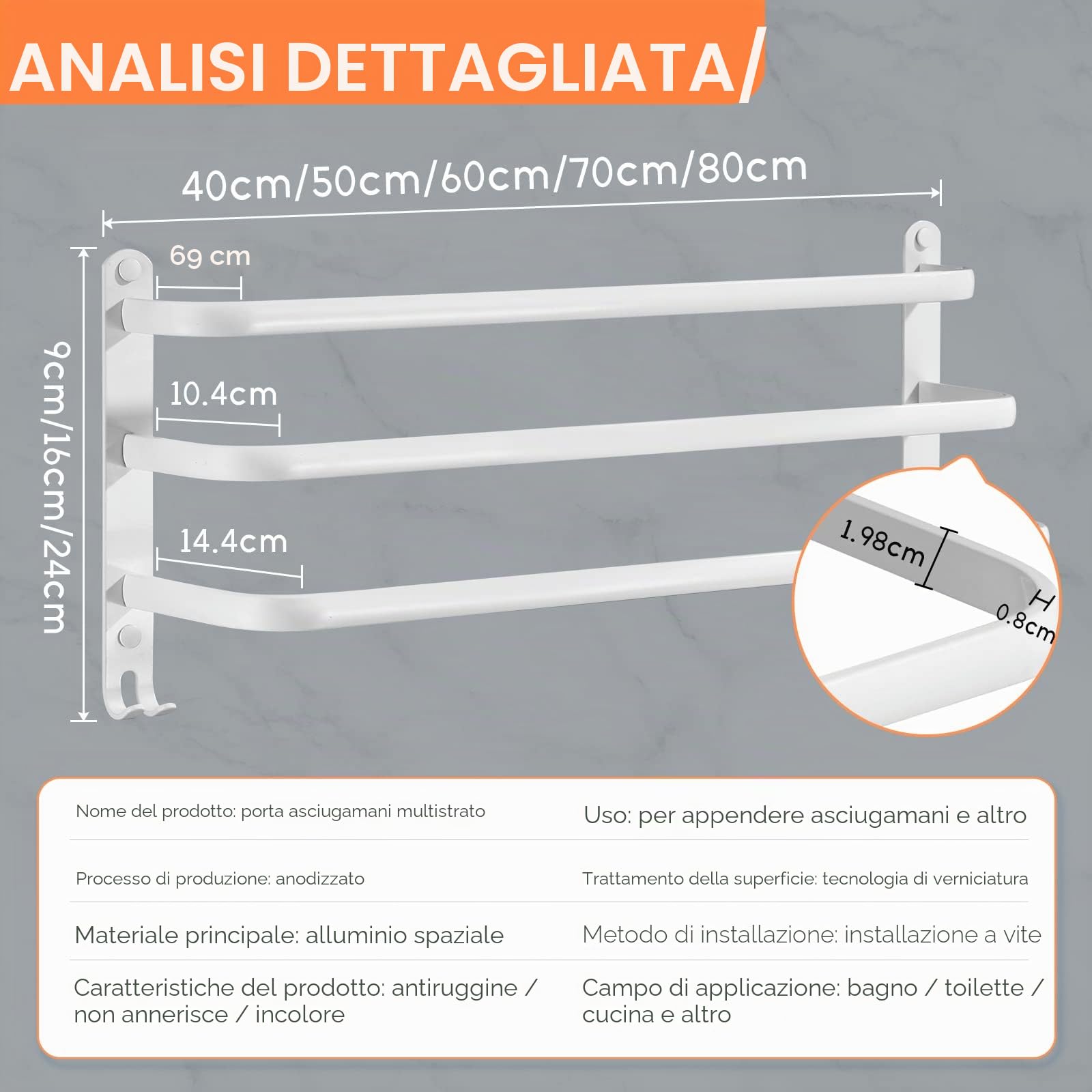 Portasciugamani senza foratura, asta portasciugamani, in alluminio autoadesivo portasciugamani da bagno, da parete a 3 piani asta portasciugamani con ganci, impermeabile antiruggine portasciugamani da