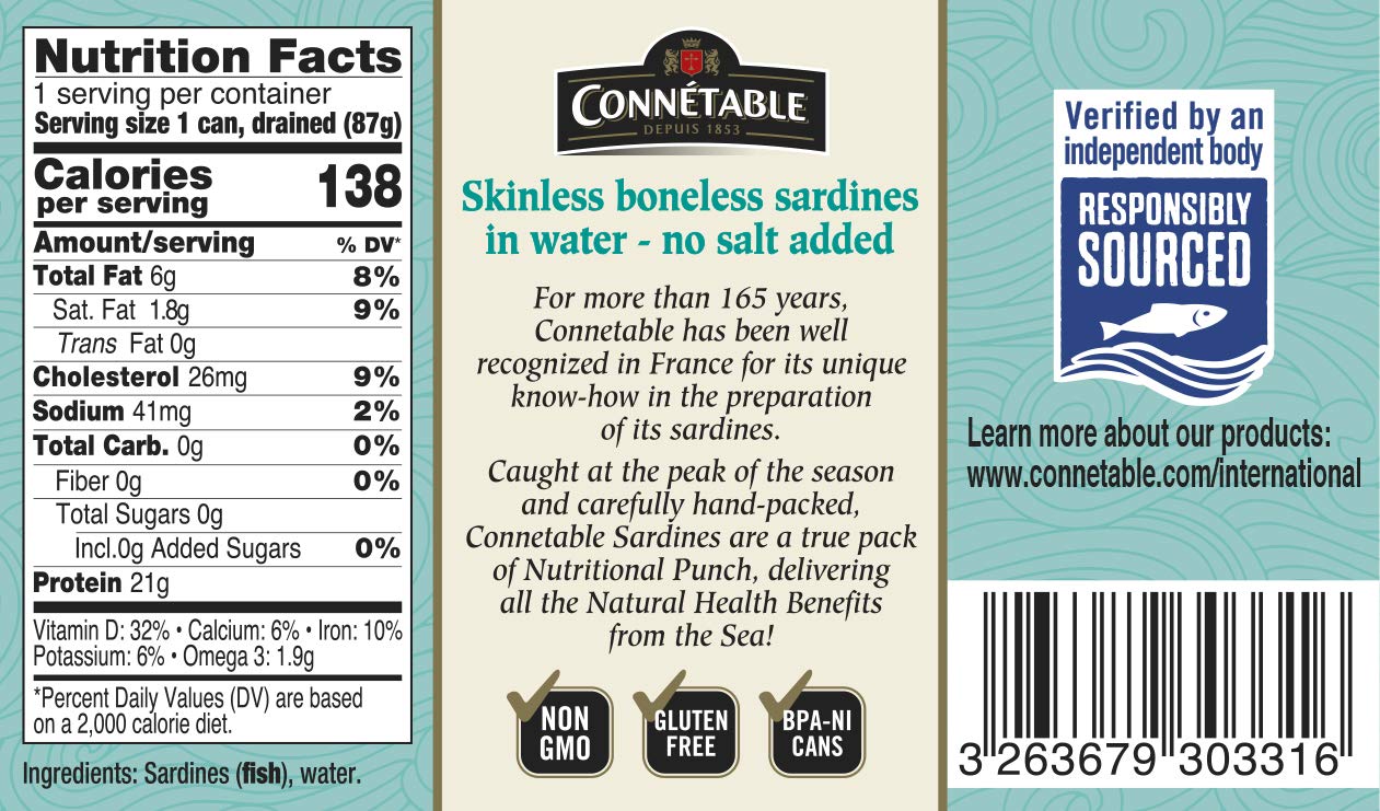 Sardines | Connetable | Sardines in Water | Skinless Boneless | No salt added | 4.375 Ounce | Pack of 12