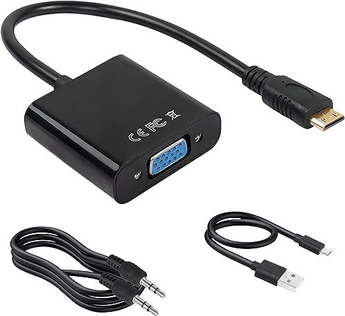MEIRIYFA Adaptador mini HDMI a VGA, convertidor mini HDMI macho a VGA hembra 1080P con puerto de audio de 0.138in y cable de alimentación para