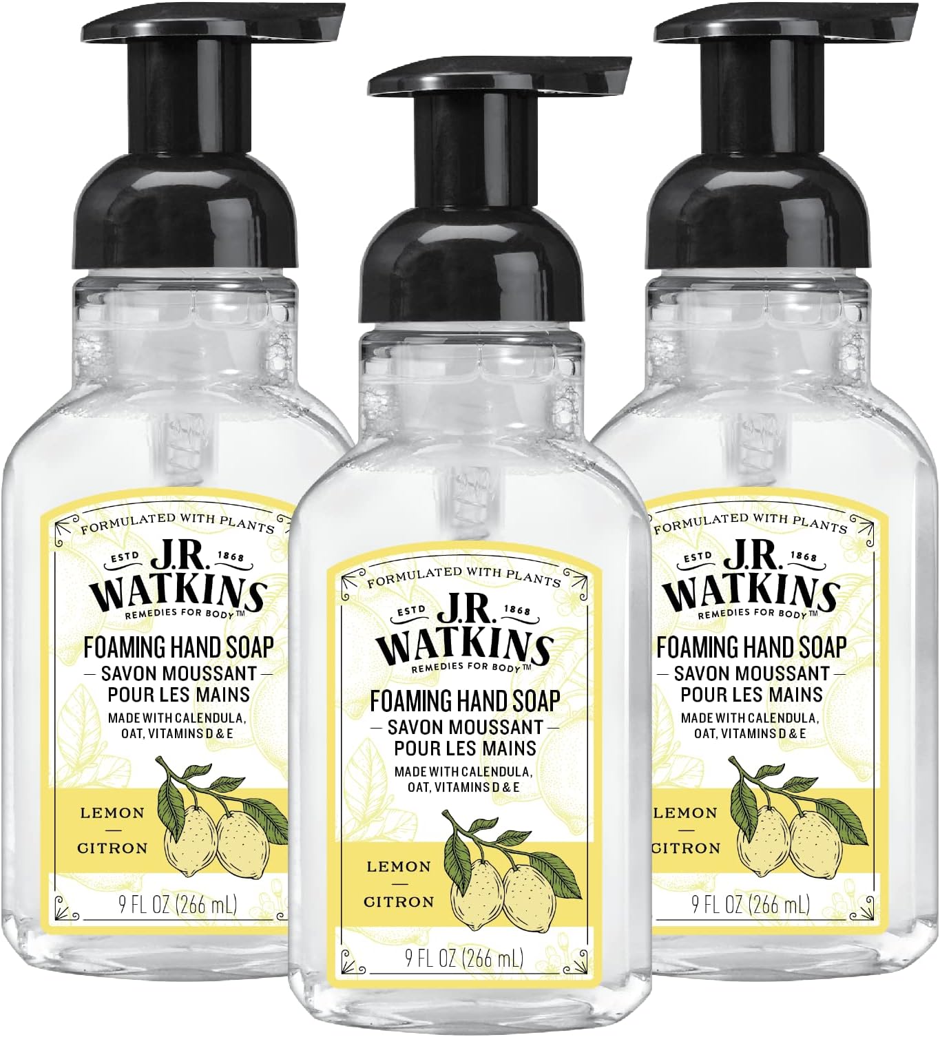 J.R. Watkins Foaming Hand Soap with Pump Dispenser, Moisturizing Foam Hand Wash, All Natural, Alcohol-Free, Cruelty-Free, USA Made, Lemon, 9 fl oz, 3 Pack
