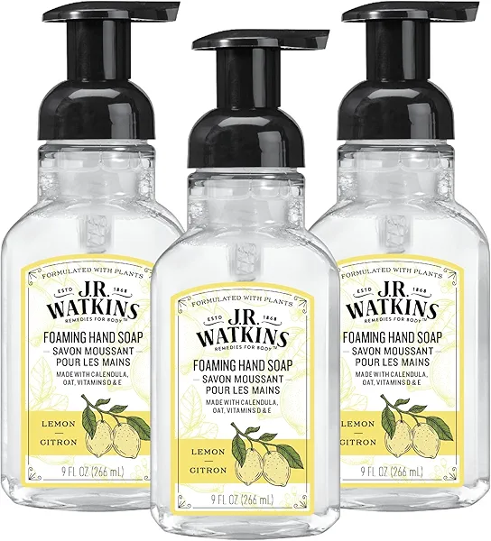 J.R. Watkins Foaming Hand Soap with Pump Dispenser, Moisturizing Foam Hand Wash, All Natural, Alcohol-Free, Cruelty-Free, USA Made, Lemon, 9 fl oz, 3 Pack