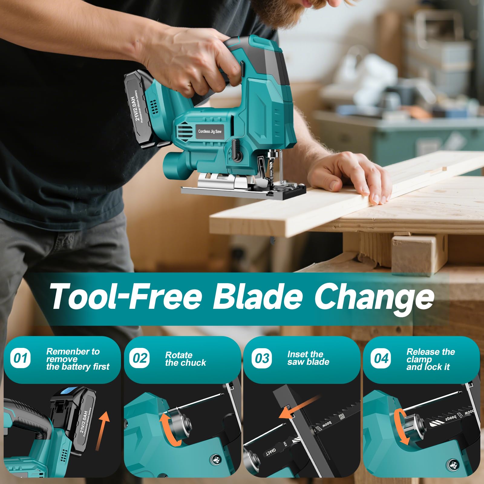 Scie Sauteuse Sans Fil Compatible avec Batteries Makita 18V, Scies Sauteuses Electriques pour Coupes en Biseau ±45° 2900RPM avec 0-3 Ensembles Orbitaux, 6 Lames pour Bois/Métal/PVC
