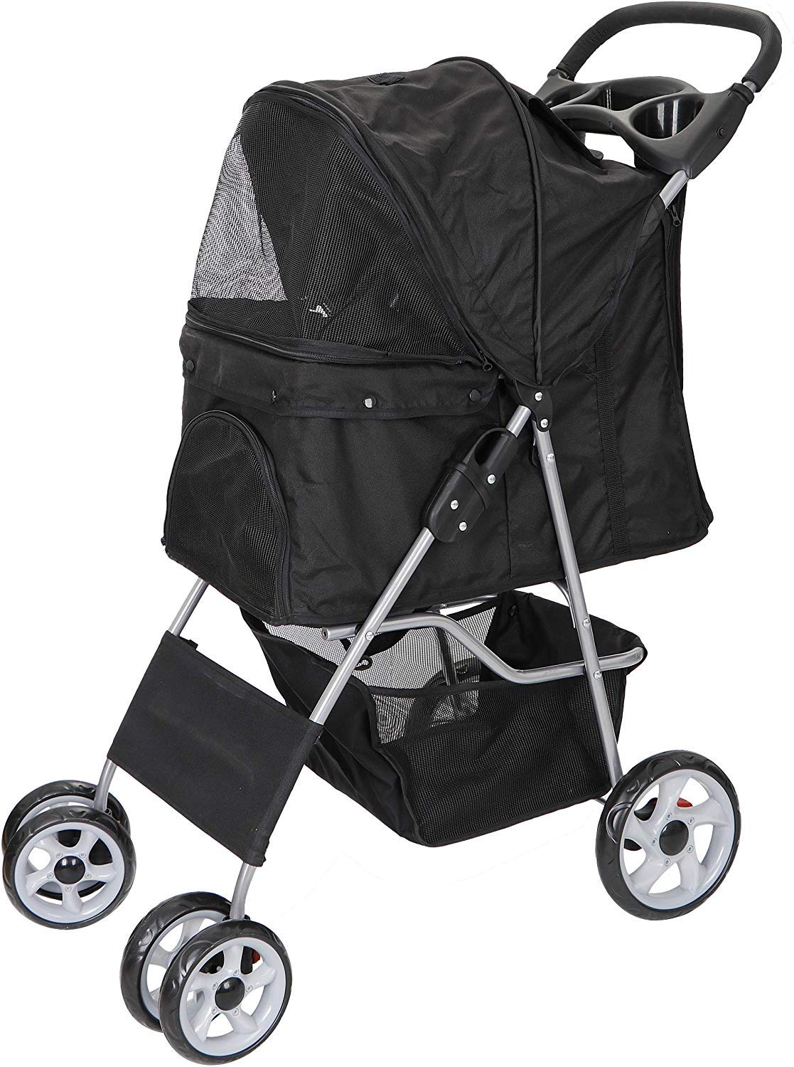 Epetlover Foldable Pet Stroller for Cats/Puppies Travel Jogger Pet Carrier with 4 Wheels, Weather Cover, Storage Basket + Cup Holder, Black : Pet Supplies