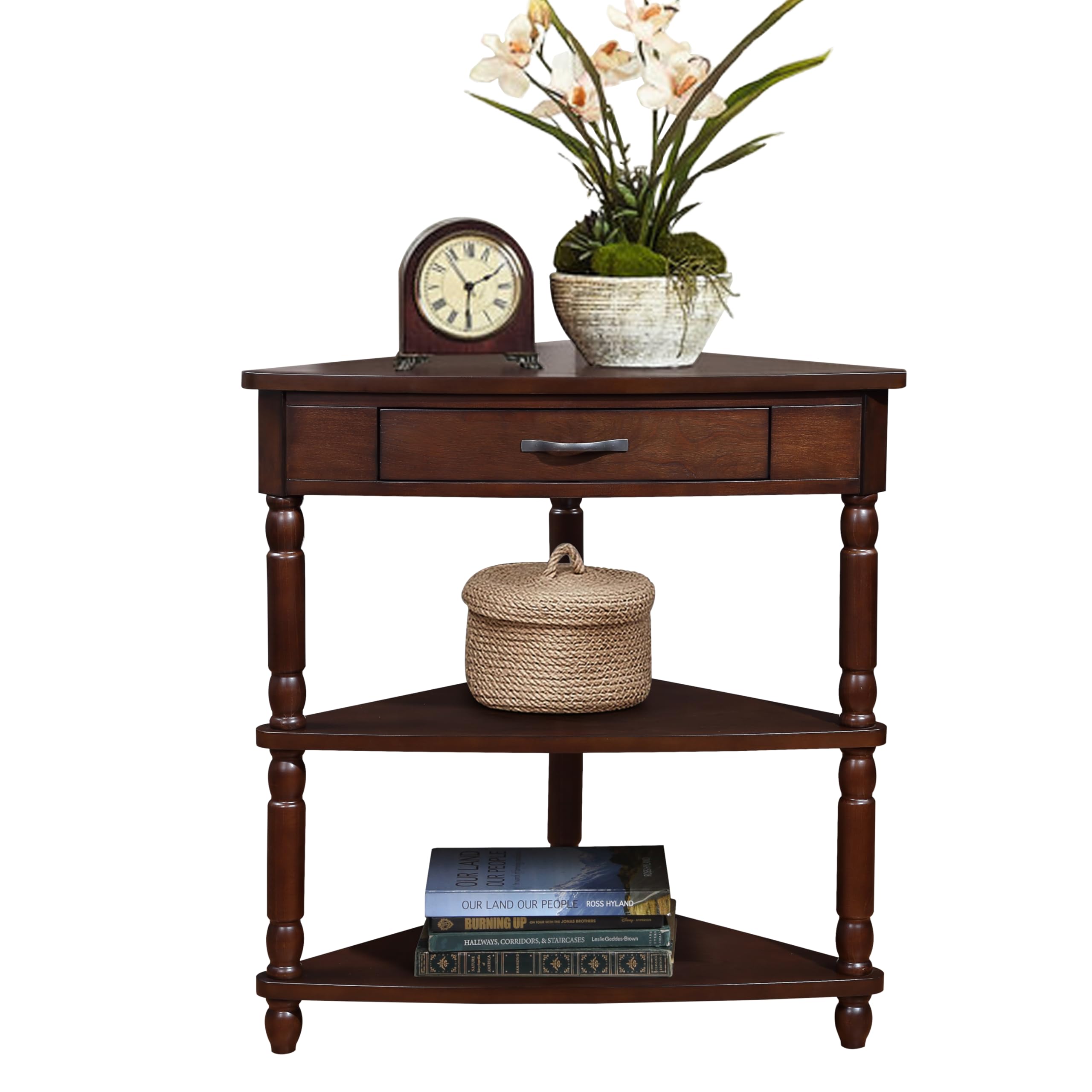 LKTART 33.86'' Corner Table, 3 Tier Storage Space with Drawer, Solid Wood End Side Table for Small Space, Triangle Corner Table for Living Room,Light