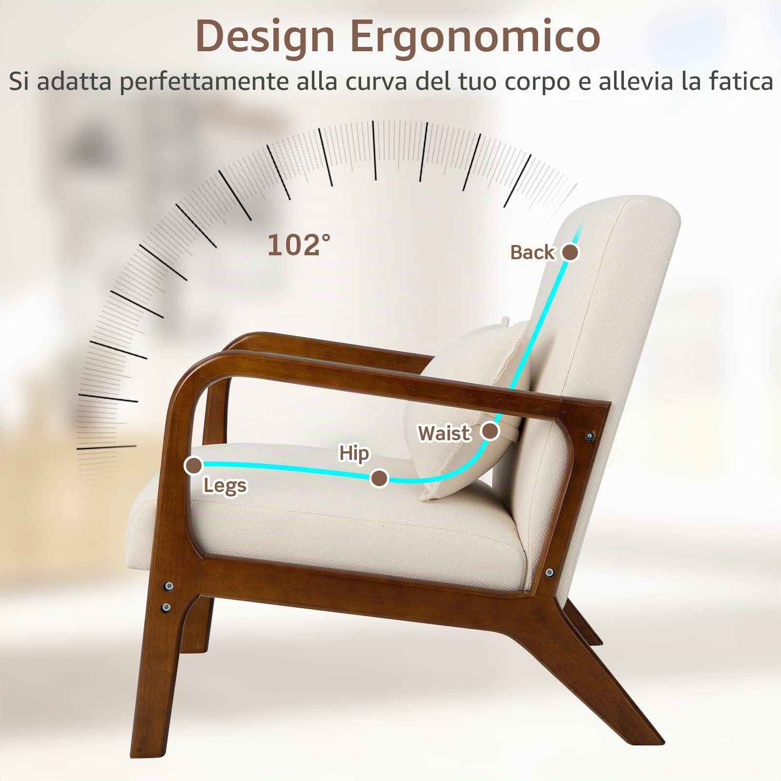 FANTASK Poltrona moderna divano singolo in legno con braccioli, poltrona lounge imbottita per soggiorno, camera da letto, 65 x 79 x 77 cm, beige