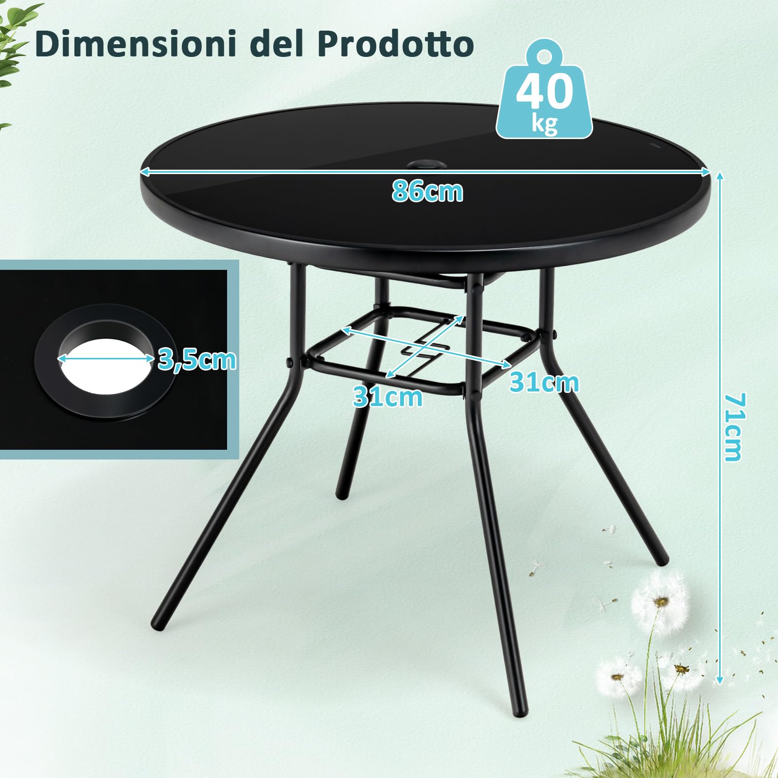 COSTWAY Tavolo Rotondo da Giardino con Buco per Ombrellone, Tavolo da Esterno in Vetro Temperato Struttura in Metallo, Tavolino per Balcone, Terrazza, Sala Pranzo e Soggiorno, 86 x 86 x 71 cm, Nero