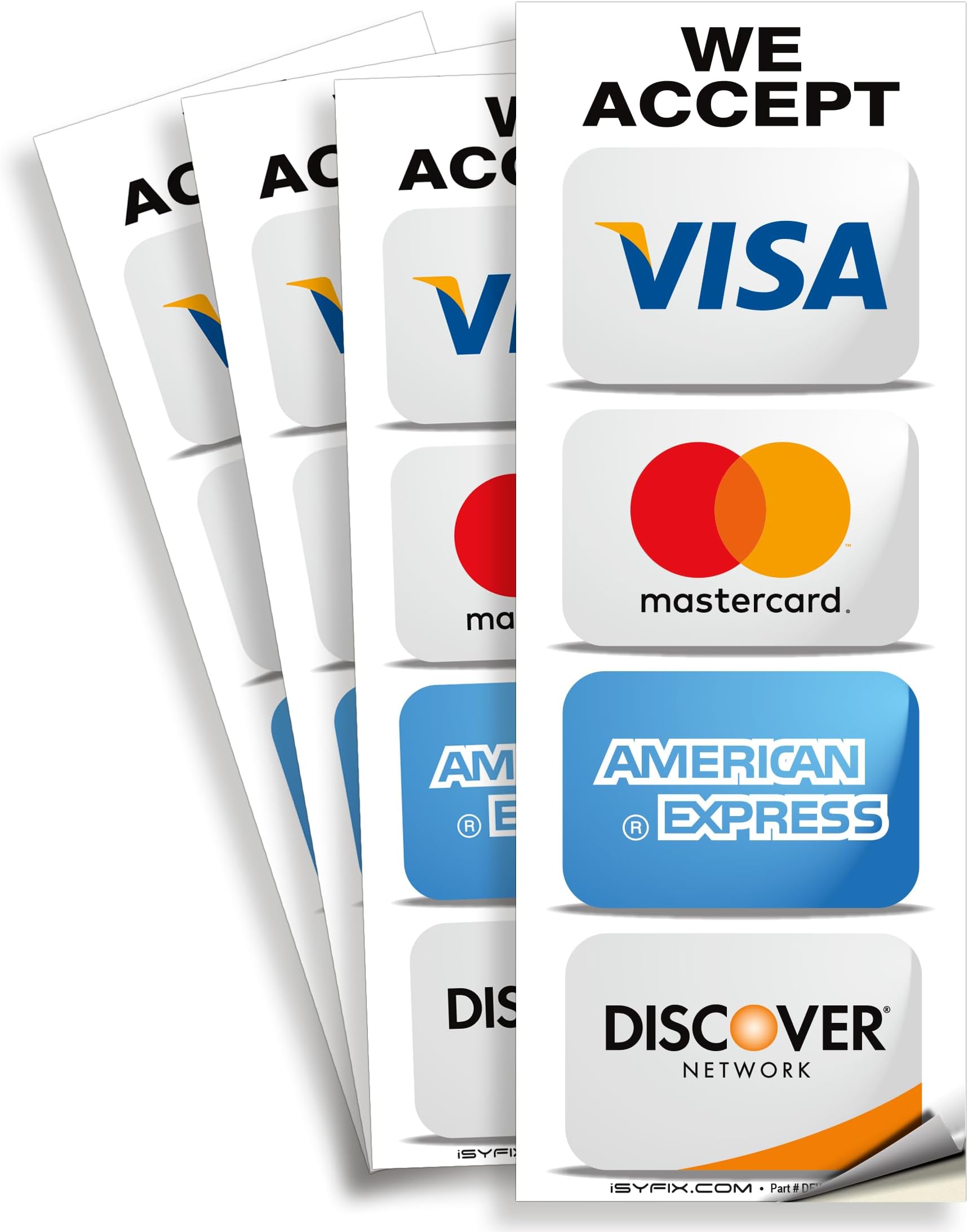 iSYFIX Credit Card Sticker Signs for Inside the Windows - 4 Pack 3x8 Inch - We Accept Visa, MasterCard, Amex & Discover, Premium Front Adhesive Vinyl, Glass Doors, Stores, Businesses