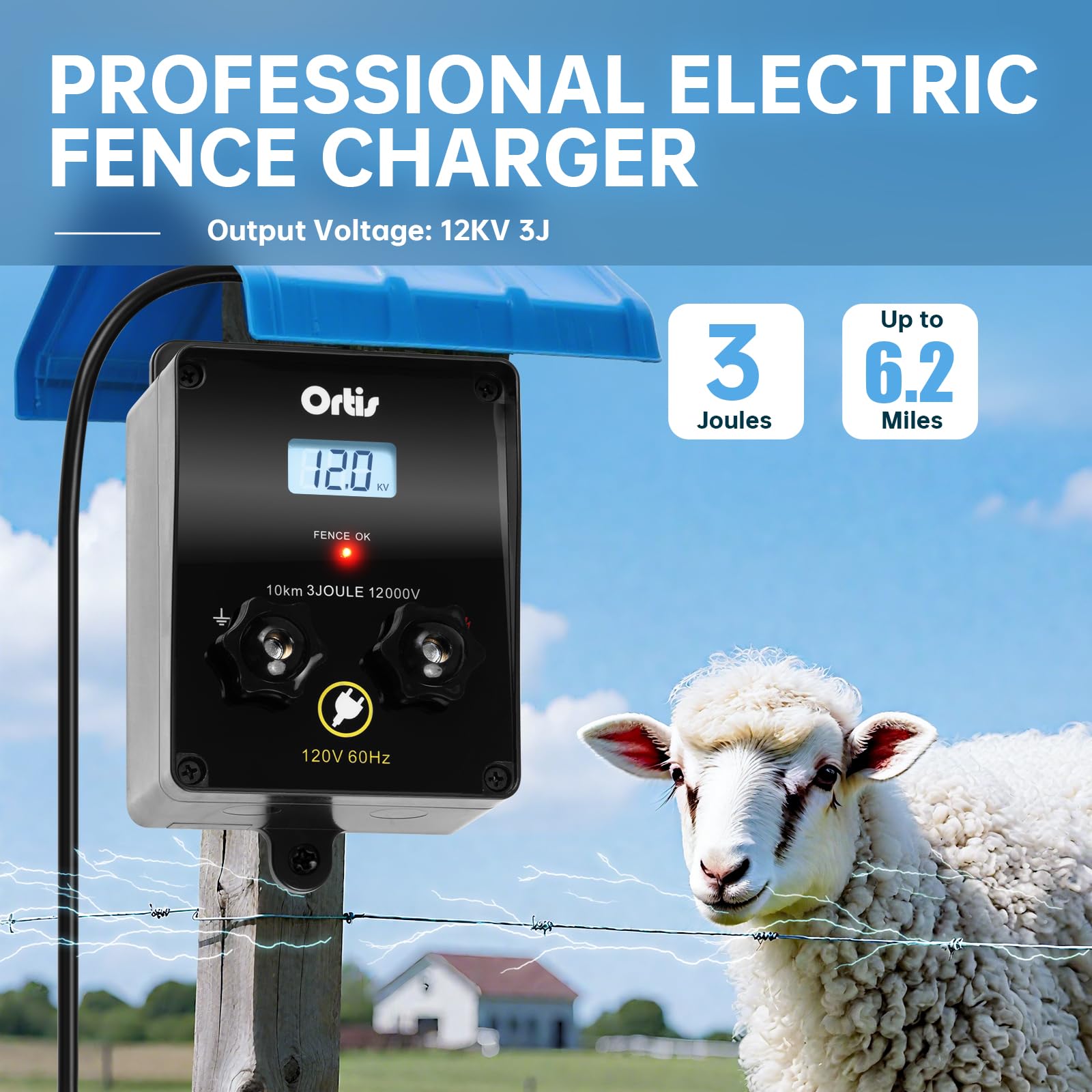 Ortis - Energizador eléctrico para valla con pantalla LCD, 12,000 V, 3 julios de carga eléctrica, rango de 6.2 millas, control seguro y eficaz de animales para protección de ganado, jardín y pastos
