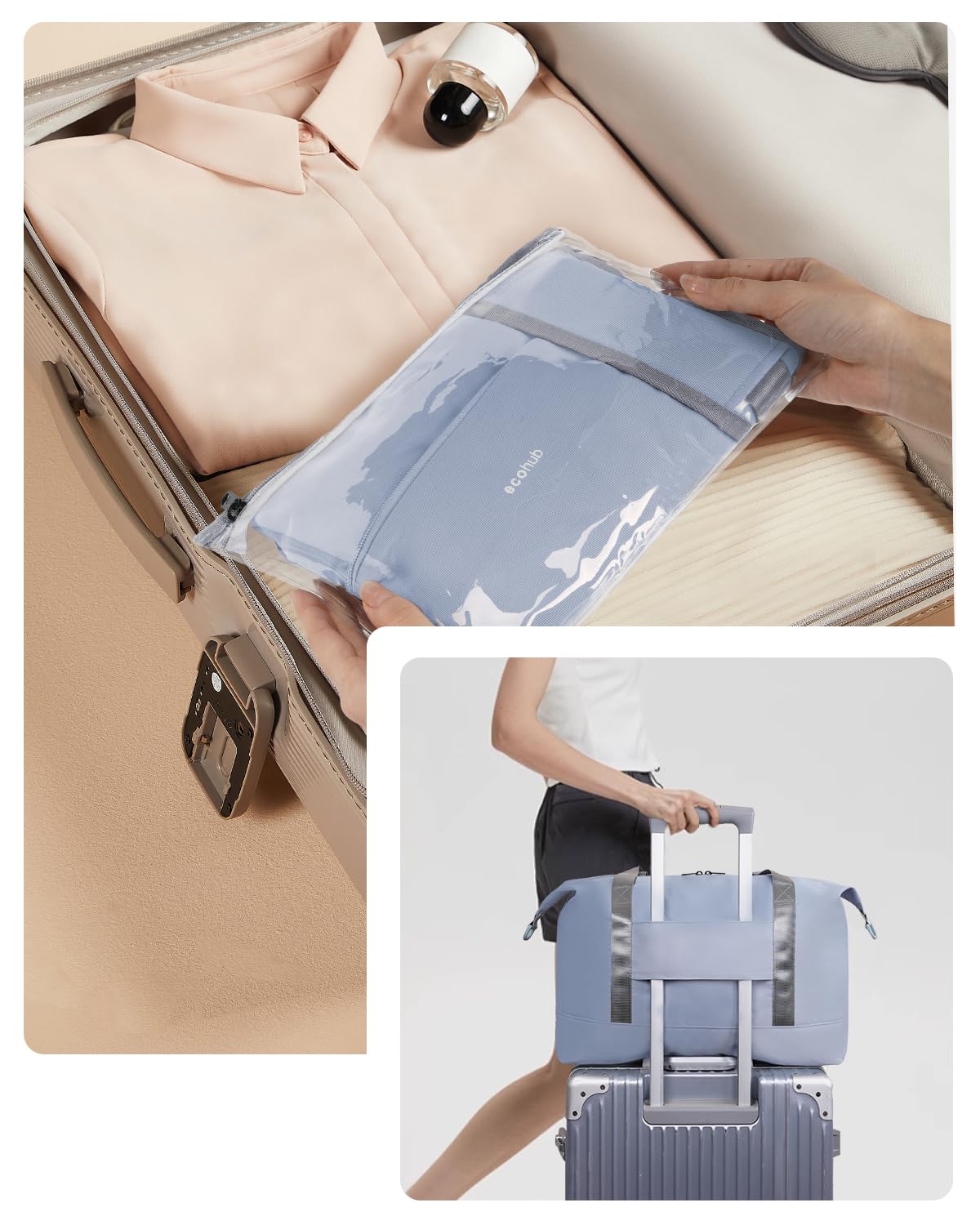 ECOHUB Sac de Voyage Femme, Bagages Cabine 45x36x20 Easyjet, Sac Voyage Cabine avec Amovible Poche Humide, Sac Avion Weekend, Bagage à Main Valise Léger Imperméable, d'Hôpital, Week-End, Gris-bleu,30L