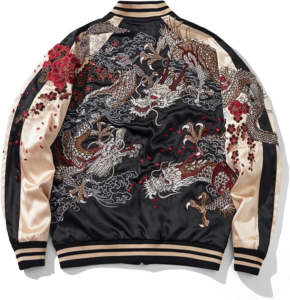 リバーシブル スカジャン ベロア×サテン 龍 刺繍 星条旗 90s Mサイズ Amazon | [East Rain] スカジャン ユニセックス 龍群 牡丹
