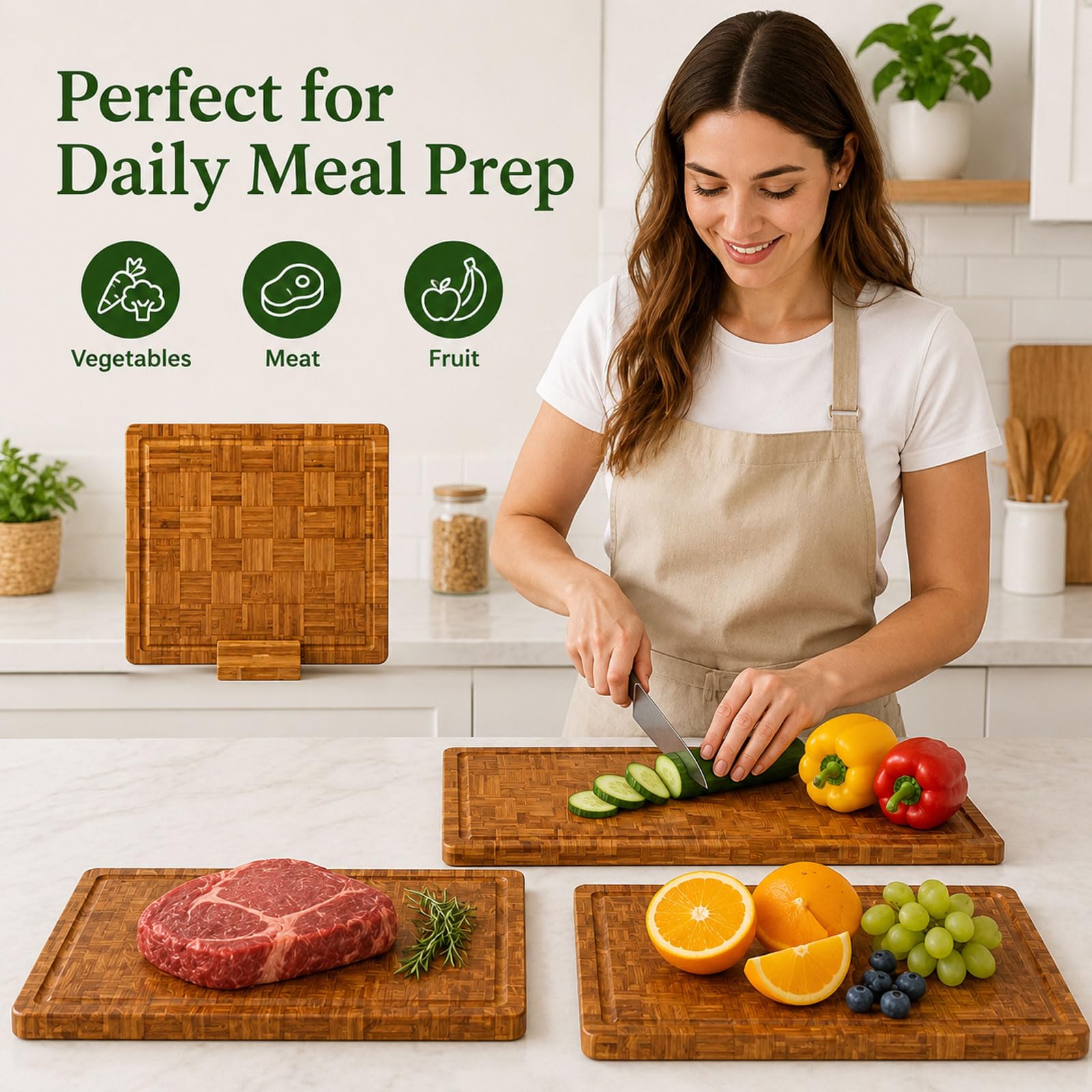 Tabla De Cortar De Bambú, Conjunto De 3 Tablas De Cocina Madera, Tabla Cortar Bambú Gruesa con Soporte Y Canal para Jugos, Tabla para Cortar, Preparar Carne, Fruta Y Pan
