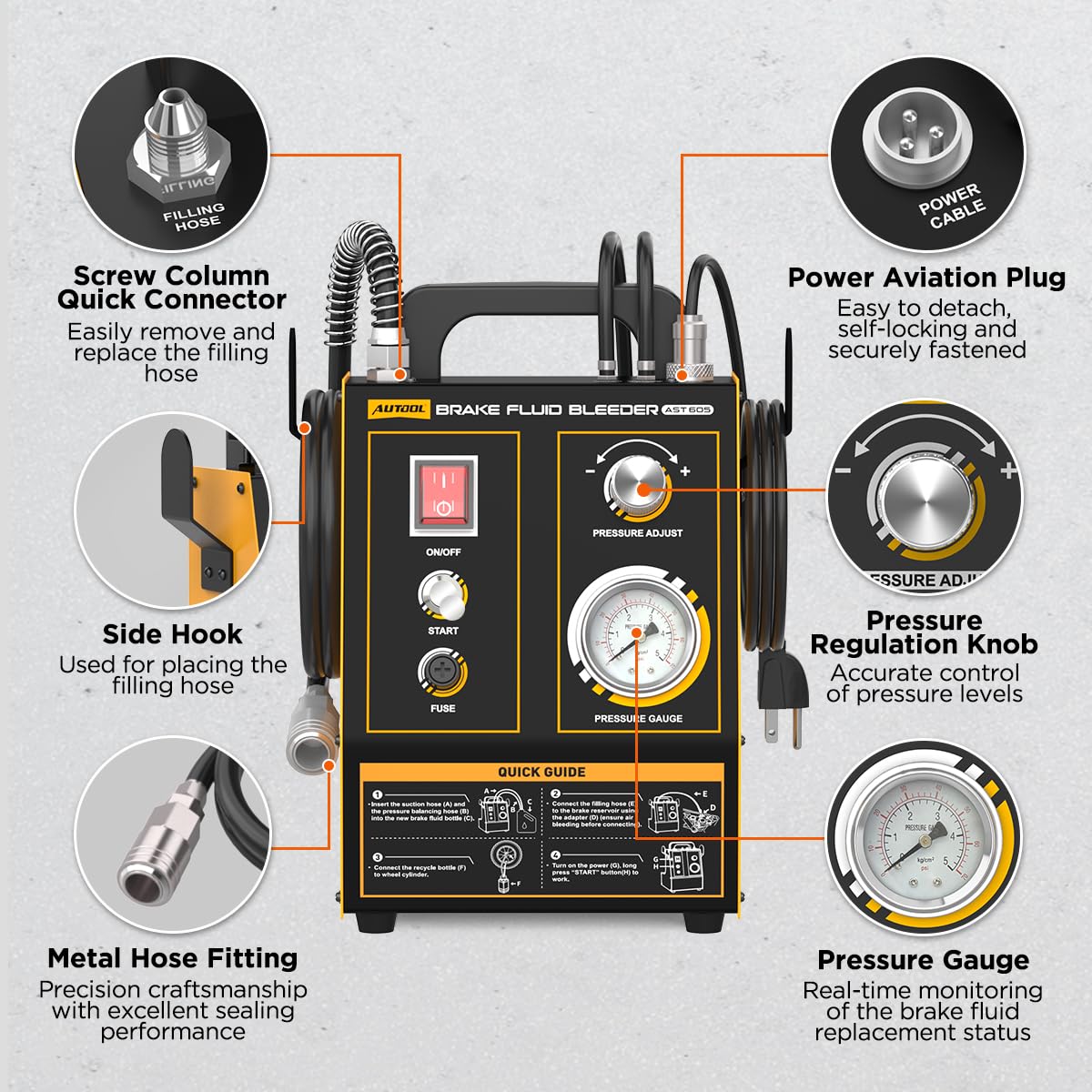 AUTOOL AST605 220V Purgador de Frenos para automóviles, intercambiador de Aceite de Frenos para automóviles con Control de presión/Presión Ajustable (8.7~43.5 PSI) para Todos los vehículos