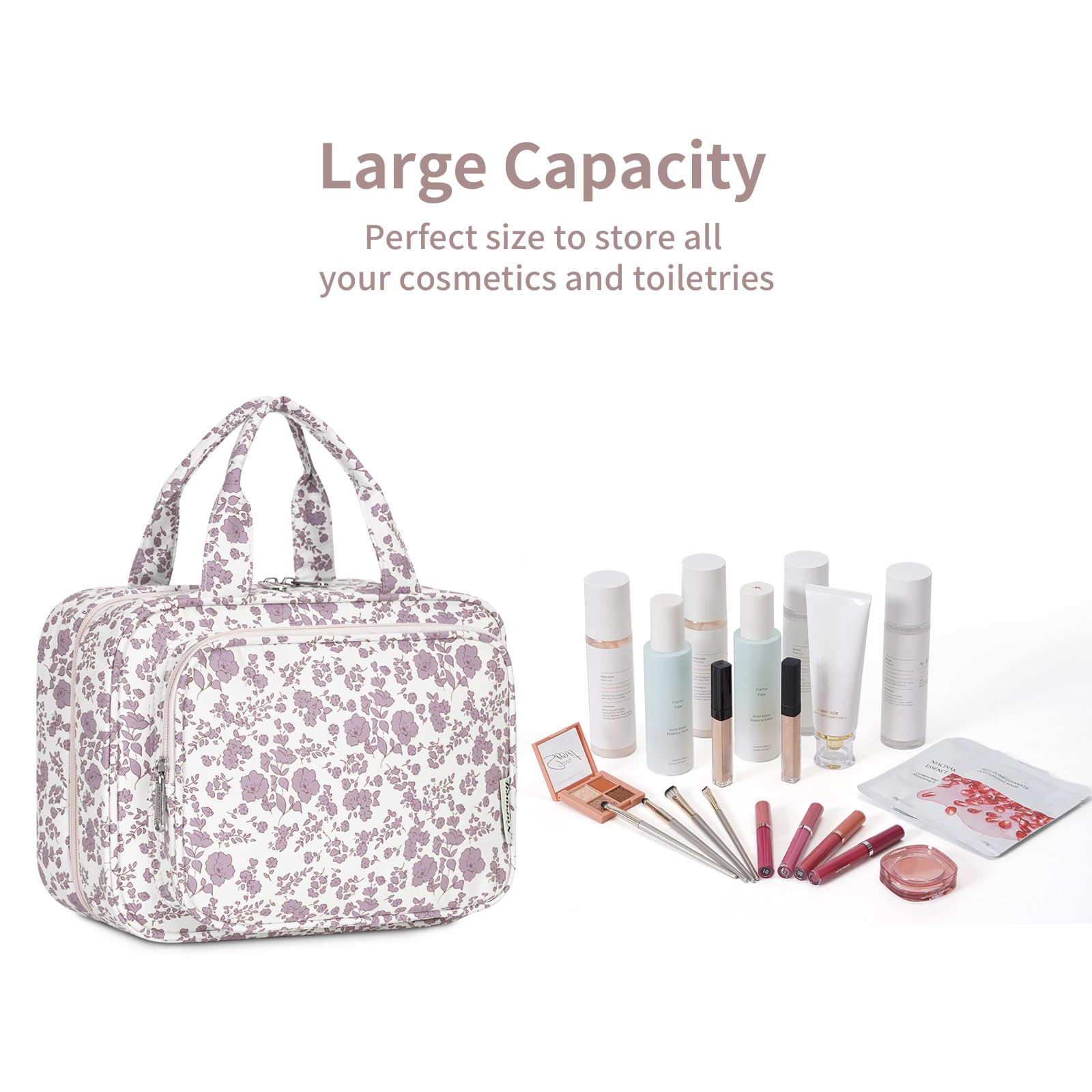Narwey Hanging Travel Toiletry Bag for Women Wash Bag Cosmetics Makeup Bag Organizer for Travel Size Accessories (Little Dusty Pink Flower (Medium)) — view 6