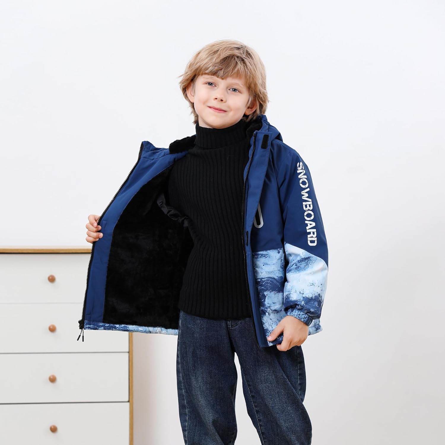 Boys' Waterproof skiing Jacket - Winter Fleece Lined Snowboarding Coat with Hood, Windproof Thermal Outer Shell for Kids - Image 3