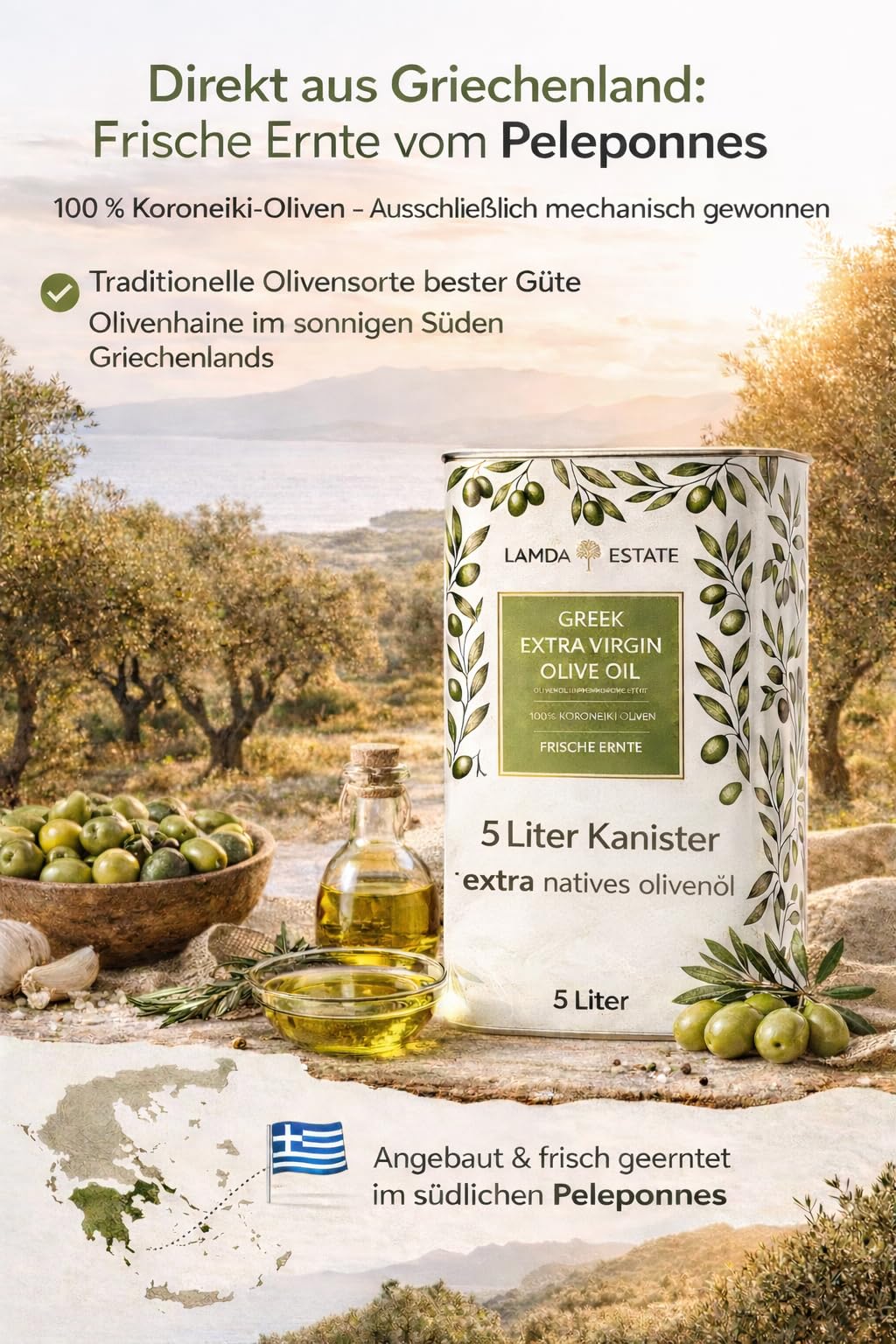 Lamda Estate | Griechisches Olivenöl 5 liter Kaltgepresst, nativ extra | Peloponnes 5l aus Koroneiki-Oliven, super frische Ernte
