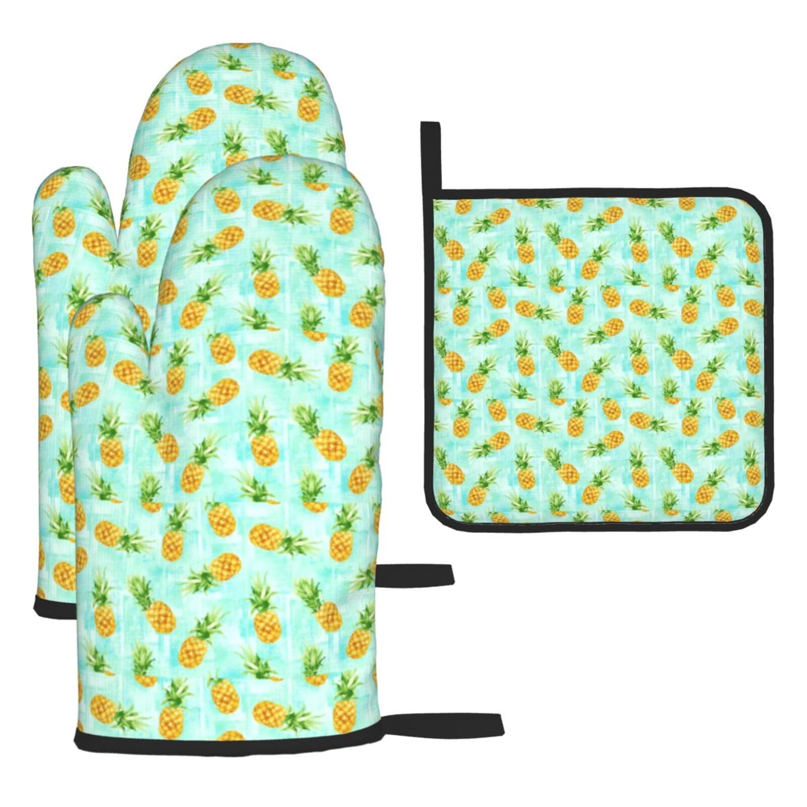 Green Pineapple. Print Oven Mitts Kitchen Gloves Set Everyday Baking Grilling Microwaving Cooking Gift