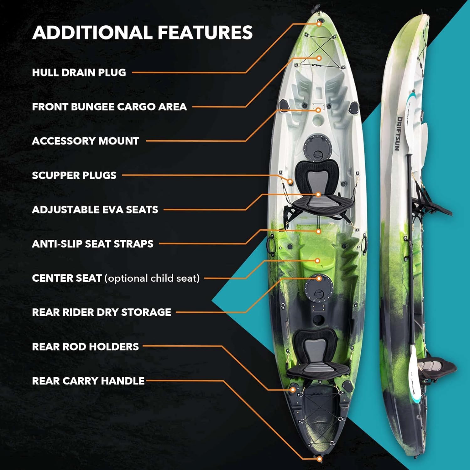 Amazon.com : DRIFTSUN Teton 120 Hard Shell Kayak, 2 or 3 Person Sit On Top Fishing  Kayak with 2 EVA Padded Seats, Includes 2 Aluminum Paddles and Fishing Rod  Holder Mounts : Sports & Outdoors