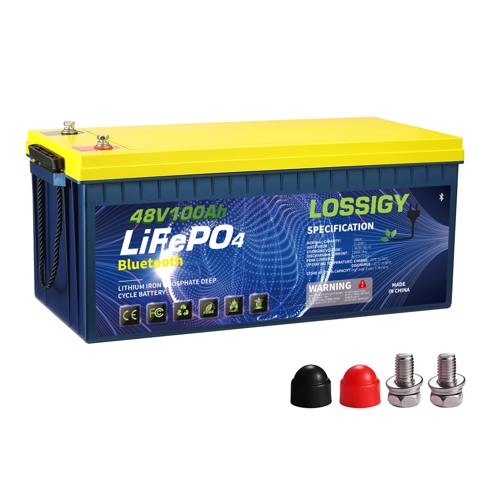 LOSSIGY 48V 100AH Golf Cart Lithium Battery, Bluetooth LifePO4 Battery 200A BMS, Deep Cycle Power Supply,Perfect for Golf Carts, Solar System, RV, Off Grid, Marine, Trolling Motor，Peak Current 1000A