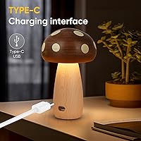 Vista 6 de 2 Pack LED Wood Mushroom Table Lamp, Rechargeable Cordless Touch Bedside Small Lamps, Wireless Stepless Dimming Night Light, Portable Battery Lamp