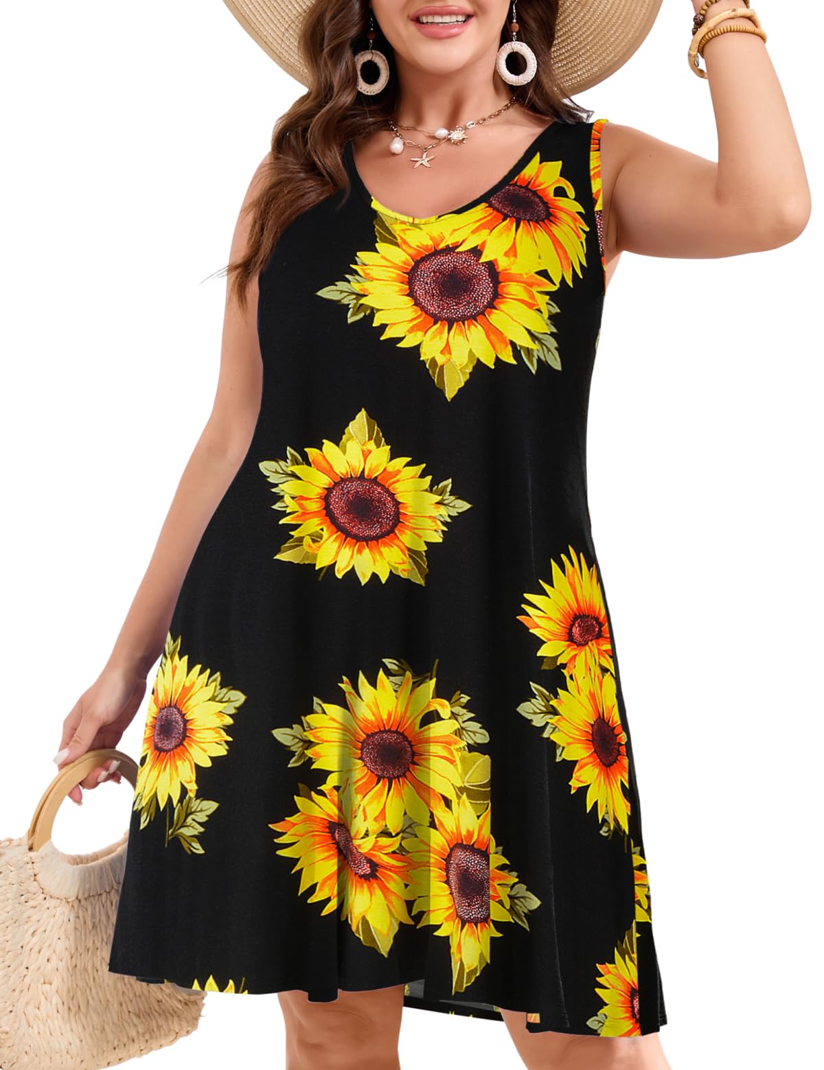 JollieLovin Women Plus Size Curvy Summer Tank Sun Dresses Sleeveless Causal T-Shirt Dress Beach Swing Cover up(L-5X)