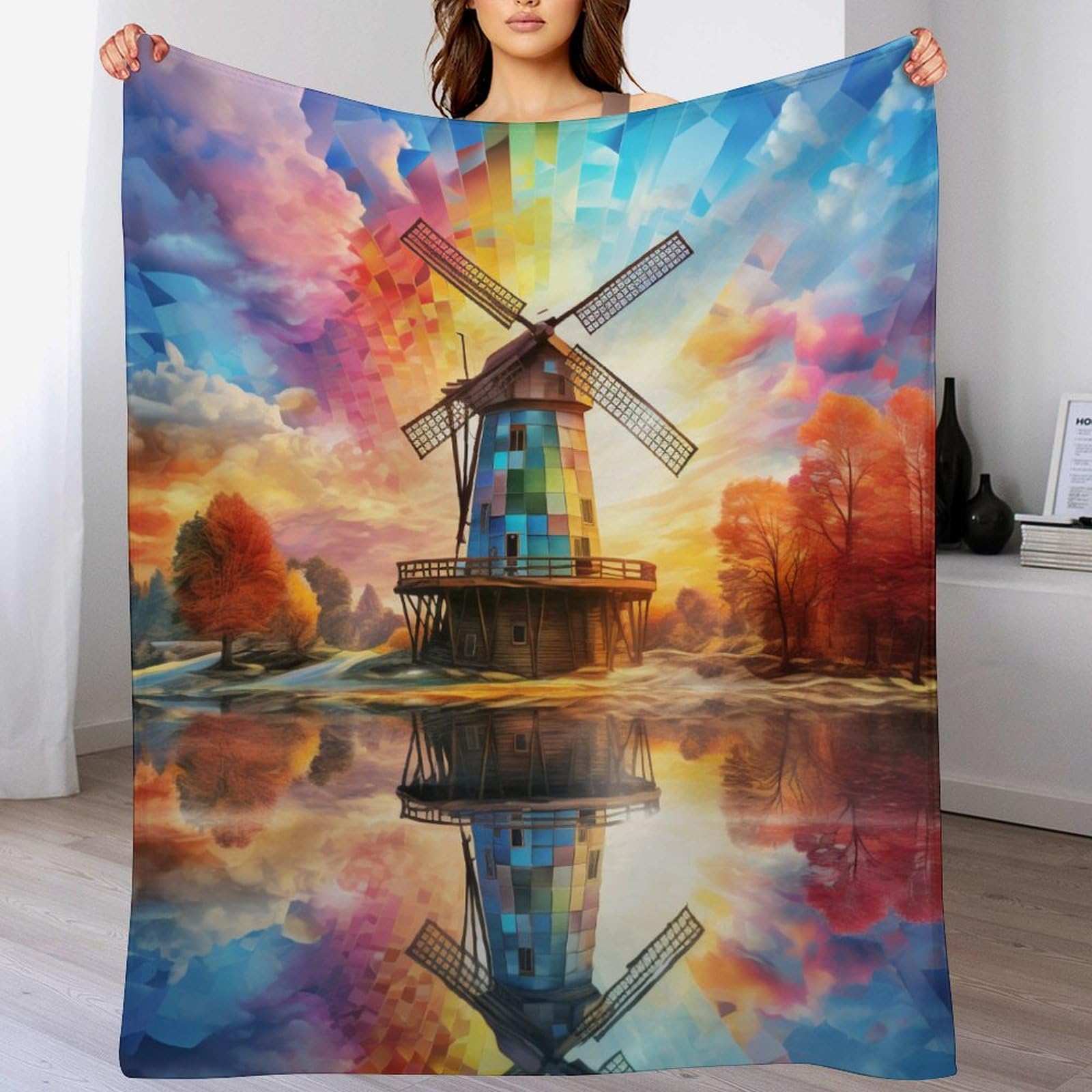 Couverture polaire moulin à vent 140x180cm plaid doux et chaud pour canapé