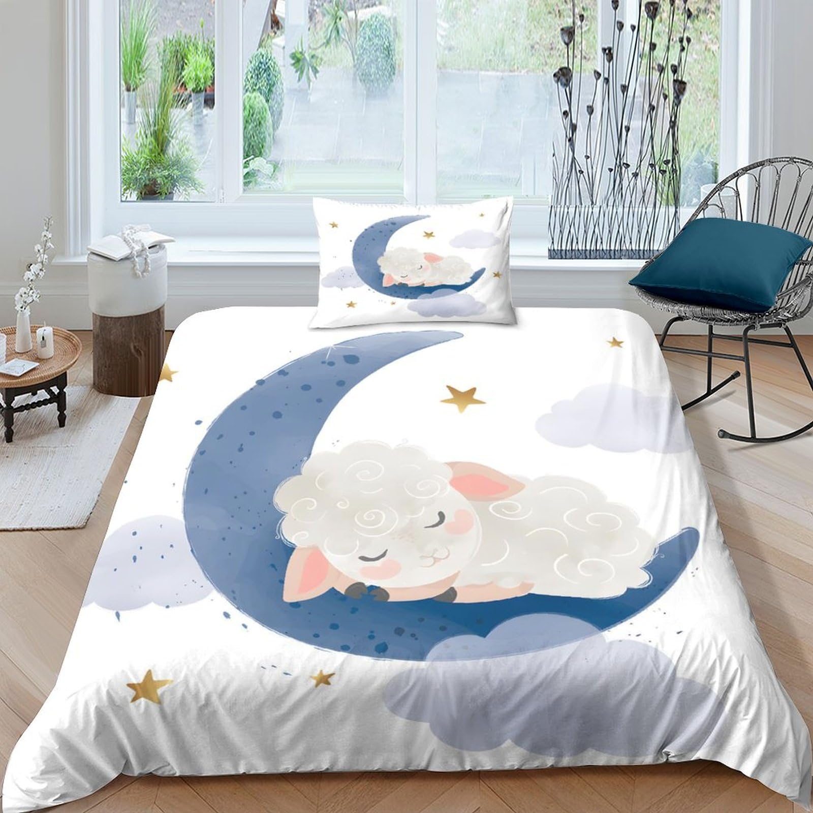 GDEKCIEAS Cute Little Sheep Sleeping 2Pcs Bedding Set for Adults,Duvet Cover with Ultra Soft Comforter,Lightweight Microfiber Quilt Cover for Teens,Kids,Home Decor,Zipper Closure Single（135x200cm）