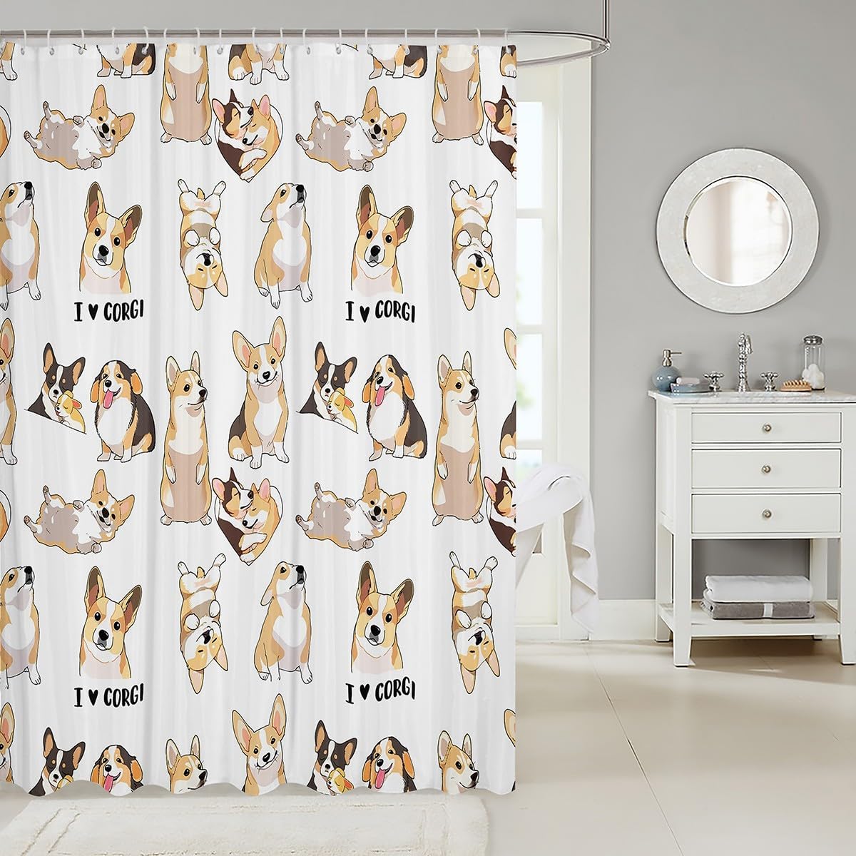 Manfei Cute Corgis Kids Shower Curtains,Lovely Dogs Pets Cartoon Bathroom Curtains,Girls Boys Adults Home Decor,Toddlers Kawaii Animals White Yellow Waterproof Curtains,12 Hooks Suits,72" W x 84" L image 2