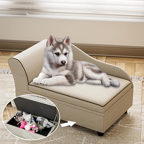 Sofá para mascotas, cómodo sofá de tela de lino para perros con caja de almacenamiento extraíble y lavable, sofá cama para perros pequeños y