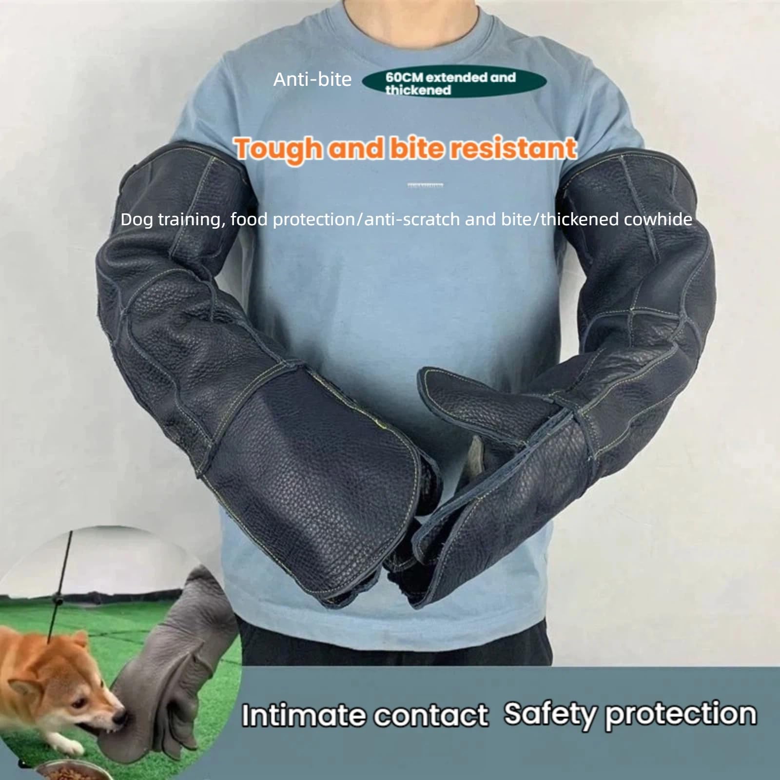 Guantes de manipulación de animales a prueba de mordeduras, 60 cm extendidos de cuero vacuno auténtico, antimordeduras, antiarañazos, resistentes a desgarros, para entrenamiento de perros, aseo de