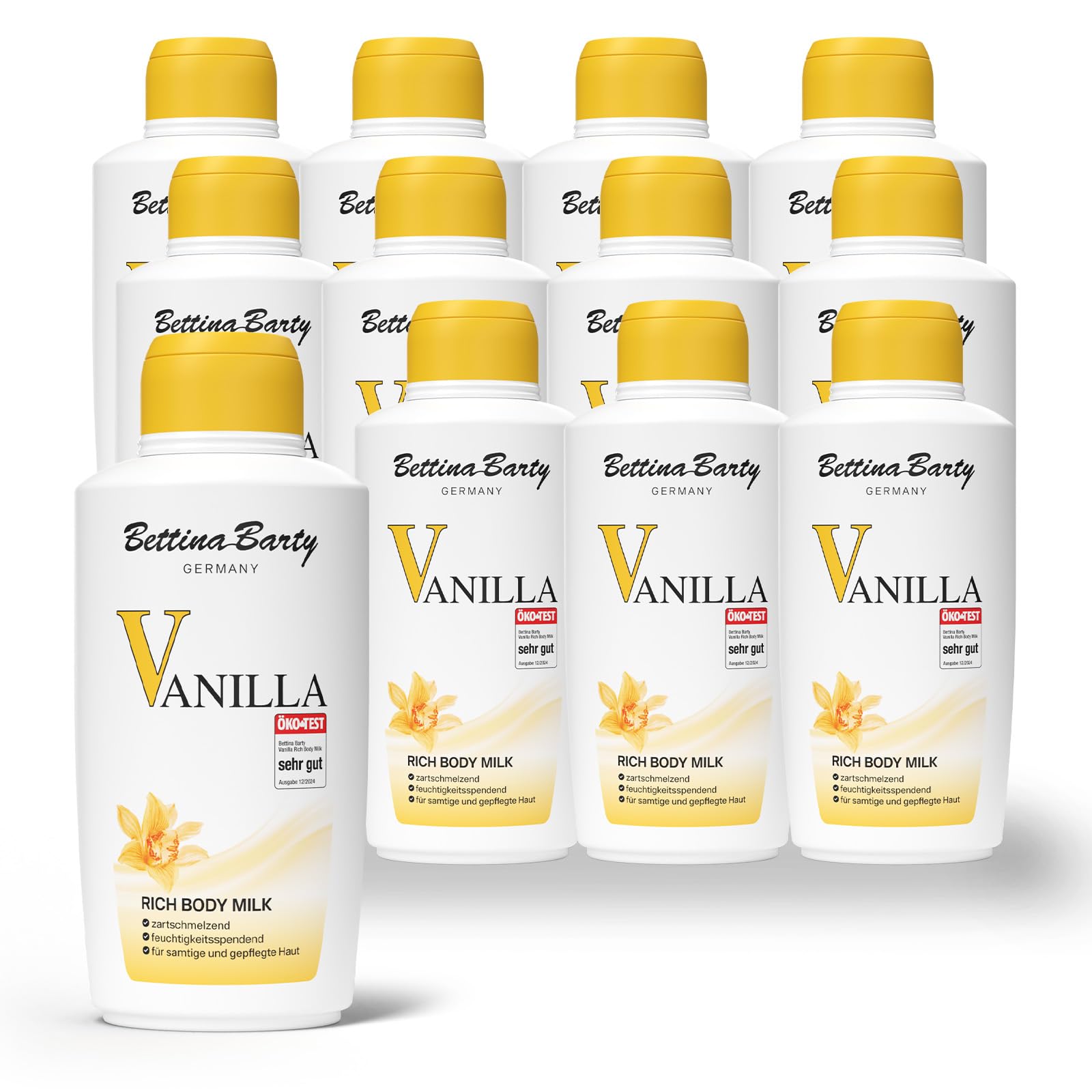 Bettina Barty Vanilla Rich Body Milk 12 x 500 ml – Körpermilch mit Vanilleduft – Feuchtigkeitsspendende Pflege für trockene Haut – Mit schnell einziehender Formel