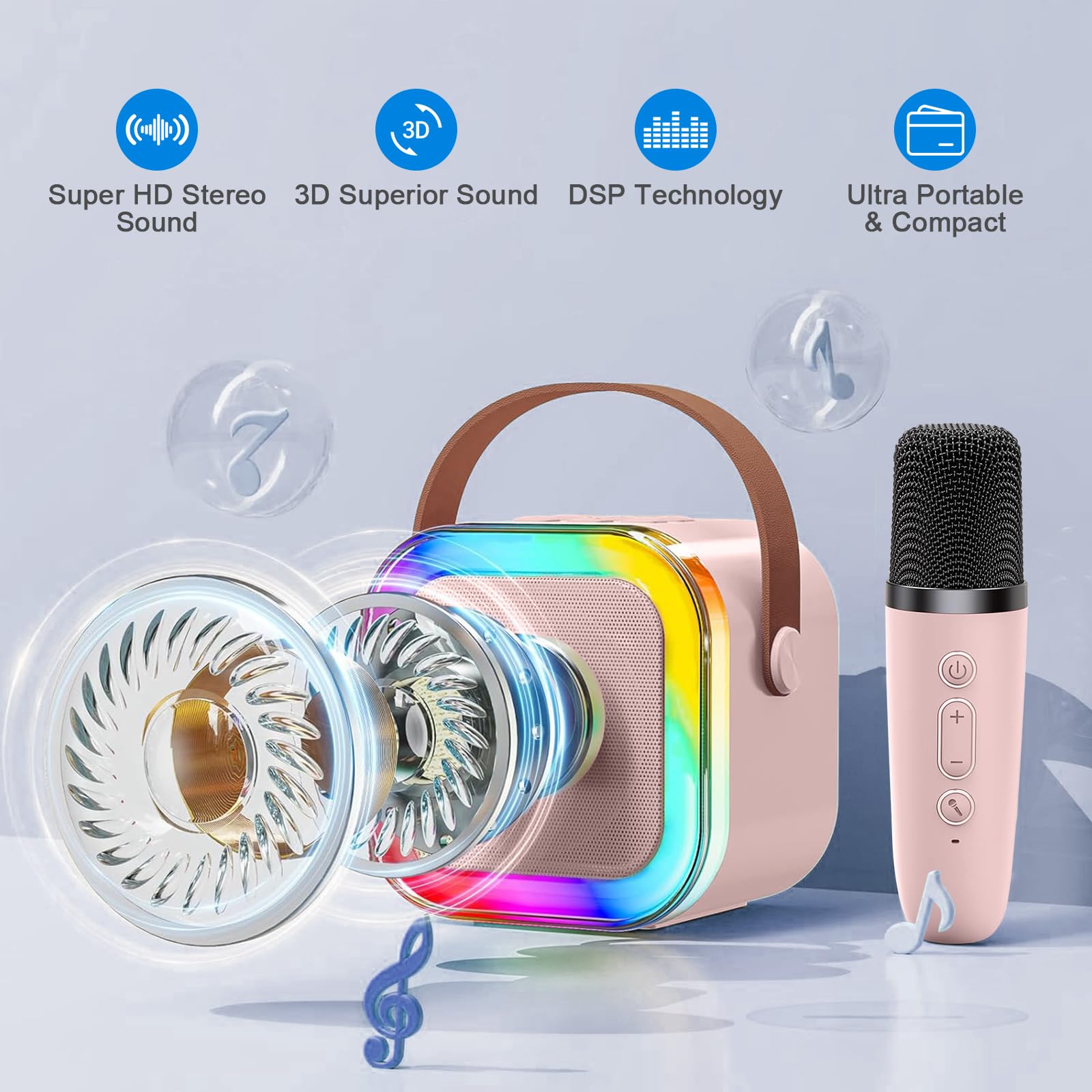 Micro Karaoke per bambini con 2 microfoni senza fili, Bluetooth Karaoke con Luce LED e Effetti di Cambio Voce, Portatile Microfono Macchina Karaoke Regalo per Ragazzi e Ragazze (Rosa)
