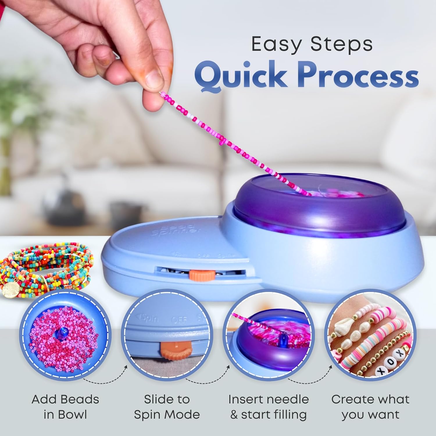 LITTLE CHILTERN Electric Bead Spinner for Jewelry Making | Adjustable Speed Bracelet Spinner Kit with Forward & Reverse Rotation | 3 Bowls with Lids | 2 Big Eye Bead Spinner Needles & 8 Colored Beads