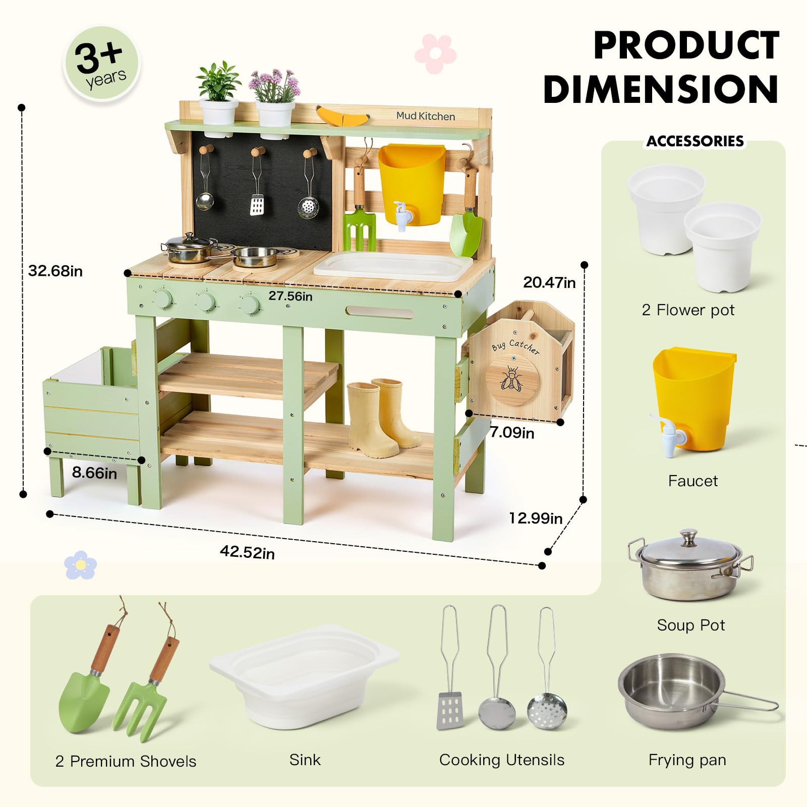 Labebe Matschküche Kinder Outdoor, 3-in-1 Matschküche mit Pflanzkasten und Insekten-Beobachtungsbox, Outdoor Spielküche & Kinderküche aus Holz mit Spüle, Wasserhahn und Zubehör, ab 3 Jahren