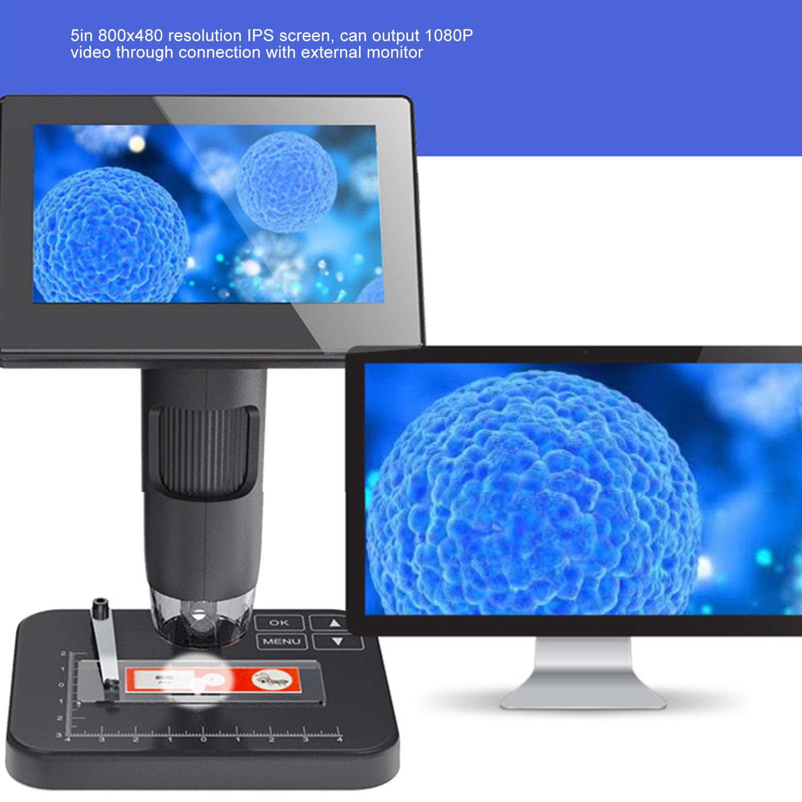 Microscopio Digital, Cámara Microscópica 1080P 3 Modos de Iluminación con Pantalla IPS de 5 Pulgadas para Investigación