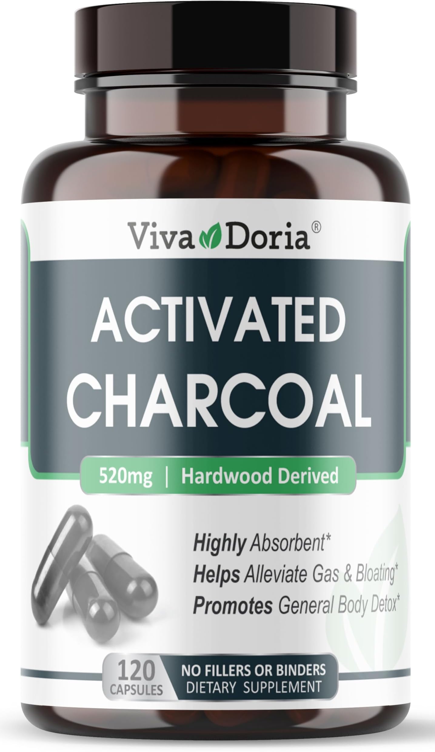 Viva Doria Activated Charcoal 520 mg, 120 Vegetable Capsules Highly Absorbent Helps Alleviate Gas & Bloating Supports Natural detoxification