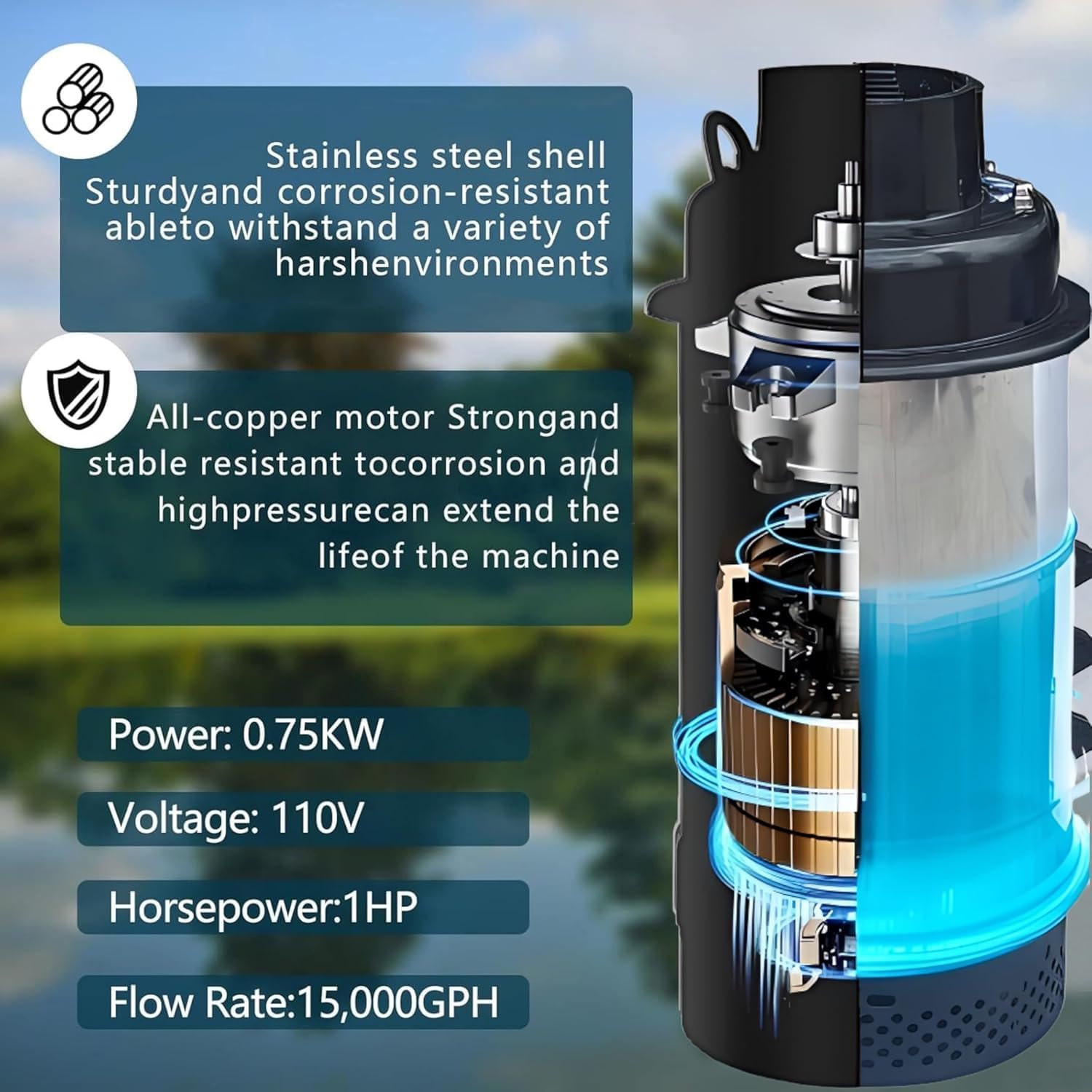 Pond Fountain Aerator Stainless Steel1HP 750W 110V, RGB Colorful Lights with Remote Control. 100 Feet Power Cord, Provides Efficient Aeration Fountain System for Large and Small Ponds. (RGB-1)