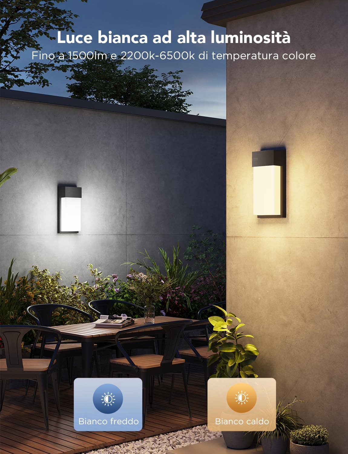 Govee Applique da Esterno RGBIC, 1500lm Lampada da Esterno, IP65, 2 Pezzi | 2700K–6500K Applique da Parete Esterno, 45 Scena, Effetti di Luce fai DIY, Matter/Alexa/Google, Veranda, Balcone, Terrazza