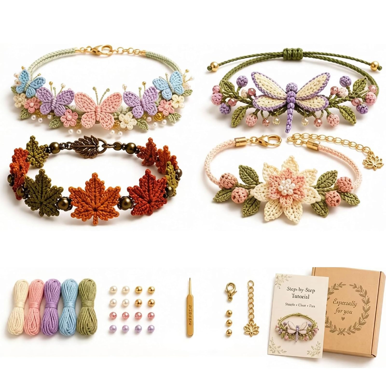 Kit de pulsera de ganchillo inspirada en la naturaleza – Juego de fabricación de pulseras botánicas con hilo, cuentas, perlas y gancho de ganchillo, manualidad creativa para principiantes (ALL)