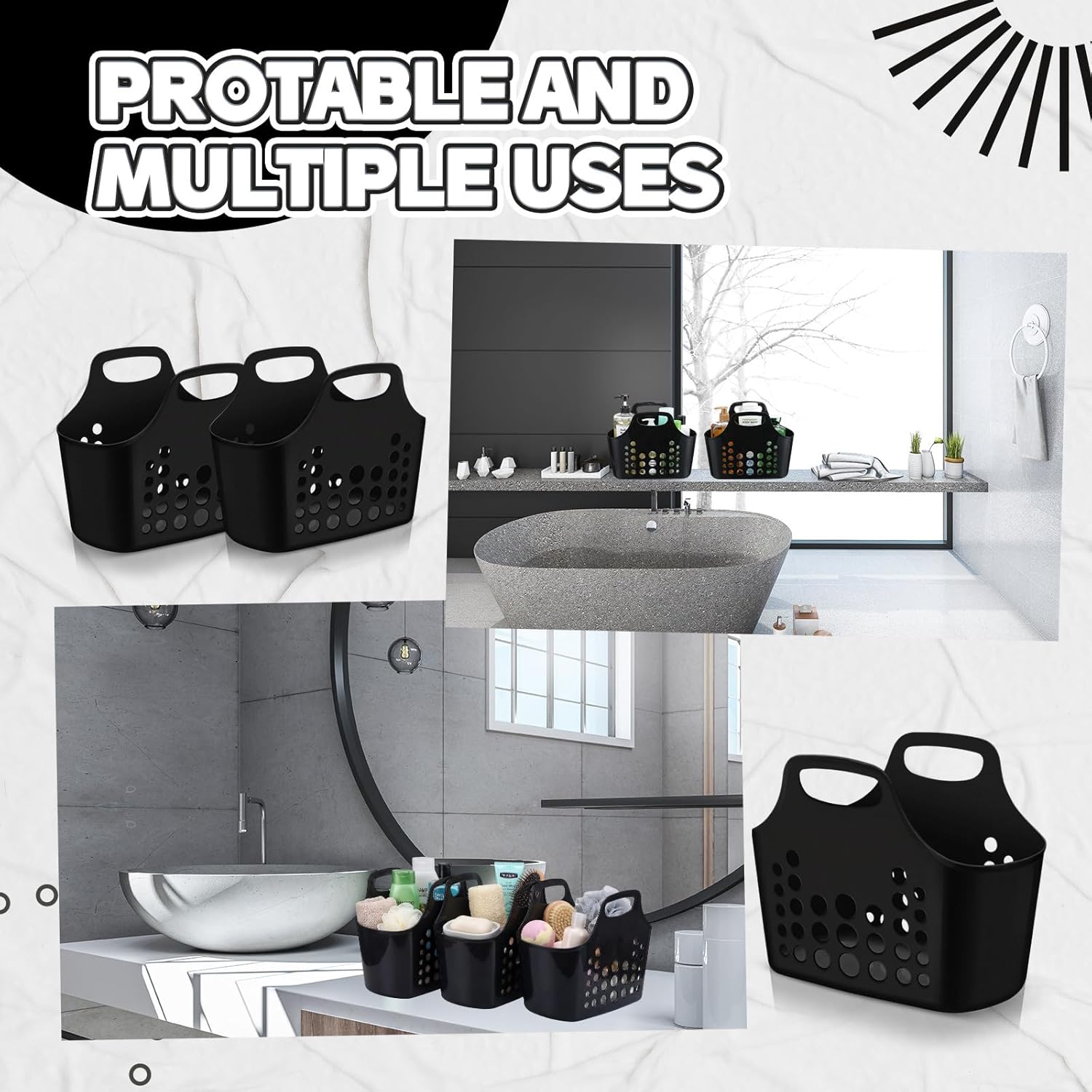 Nuogo 10 Pack Black Basket with Handles Plastic Oval Carry Totes with Handles Caddy Multipurpose Organizer Reusable for Bathroom Dorm Communal Showers Kitchen School, 10.6" x 6" x 10"