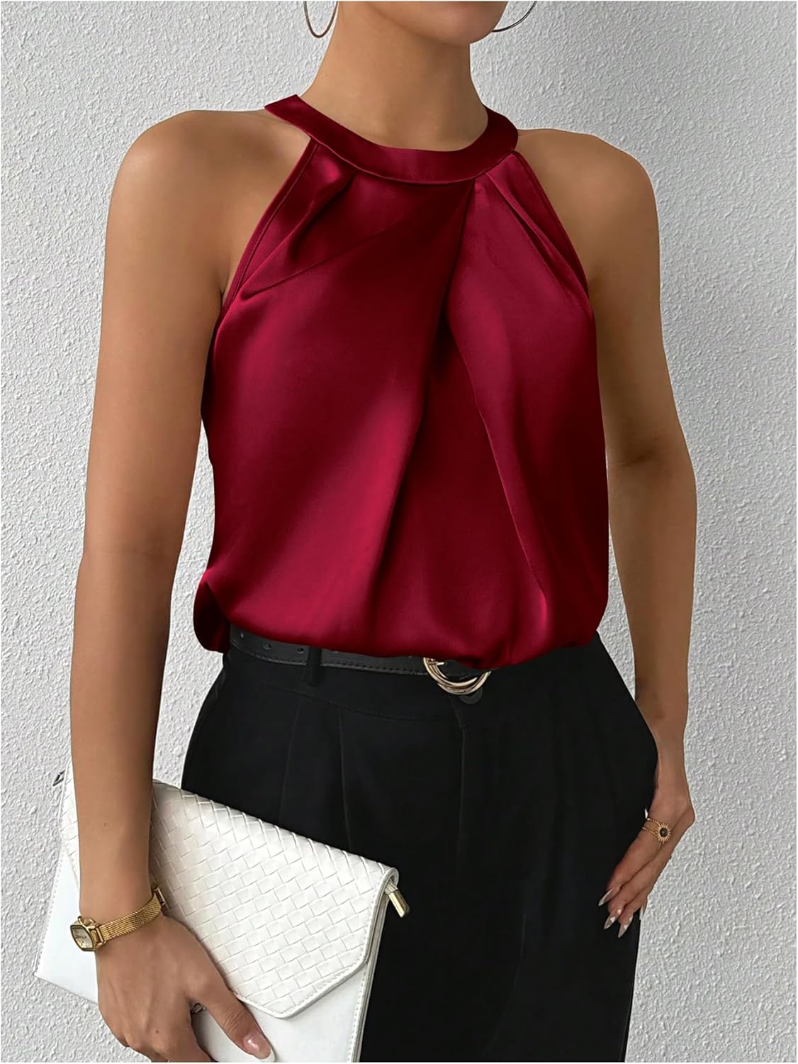 SweatyRocks Women's Pleated Halter Sleeveless Satin Blouse Keyhole Back Tank Top - Image 4