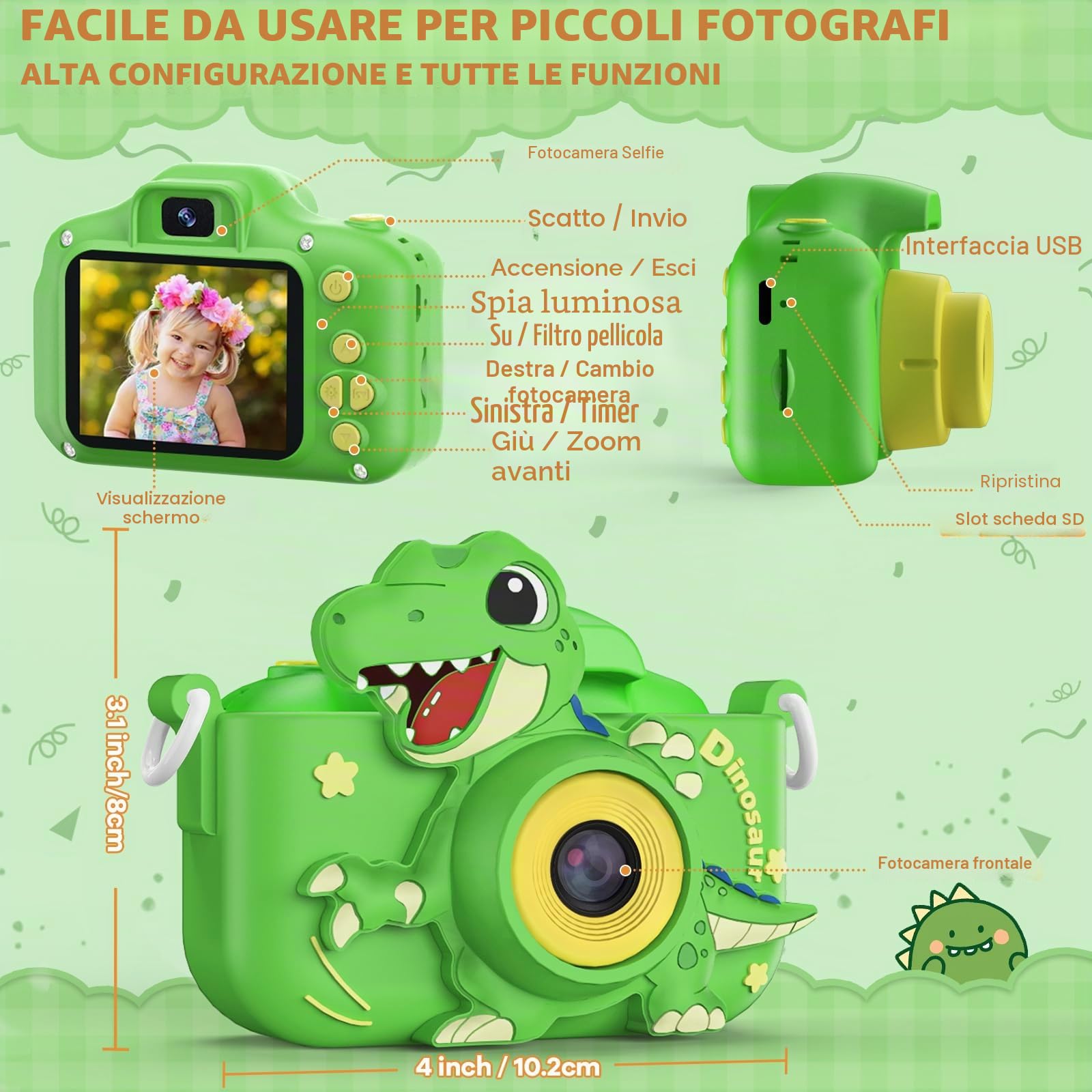Macchina Fotografica Bambini 3-12 Anni, 48MP Digitale Fotocamera Bambini con Scheda 32 GB, Gioco Regali Natale & Compleanno per Bambino Bambina 3 4 5 6 7 8 9 10 Anni, Cappuccio di Dinosauro (Verde)