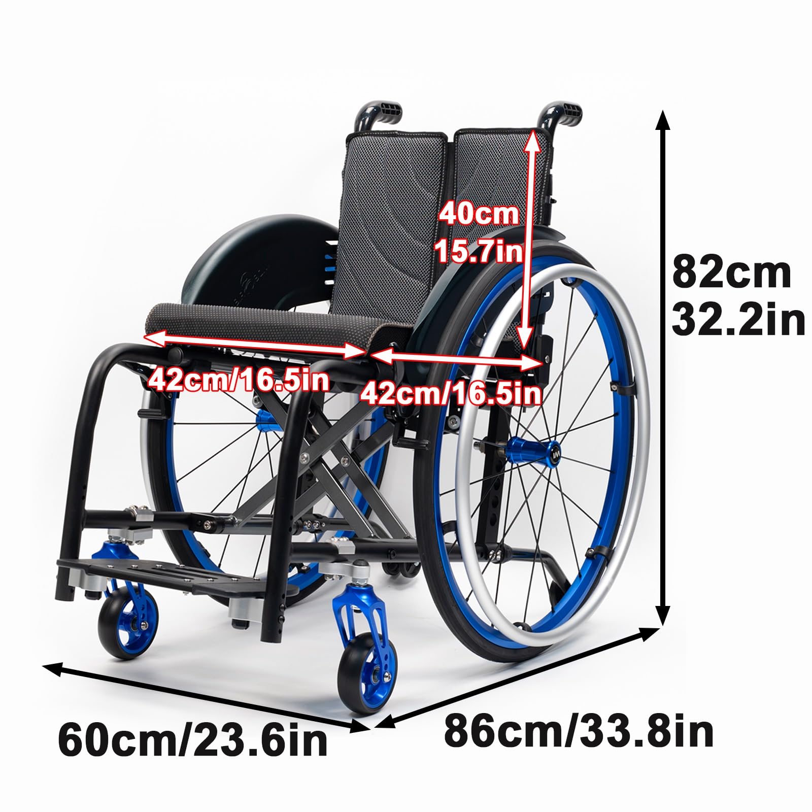 Lekki wózek inwalidzki, stop aluminium, dla dorosłych, wyposażony w opony terenowe, zdejmowany podnóżek (szerokość siedziska: 42 cm)