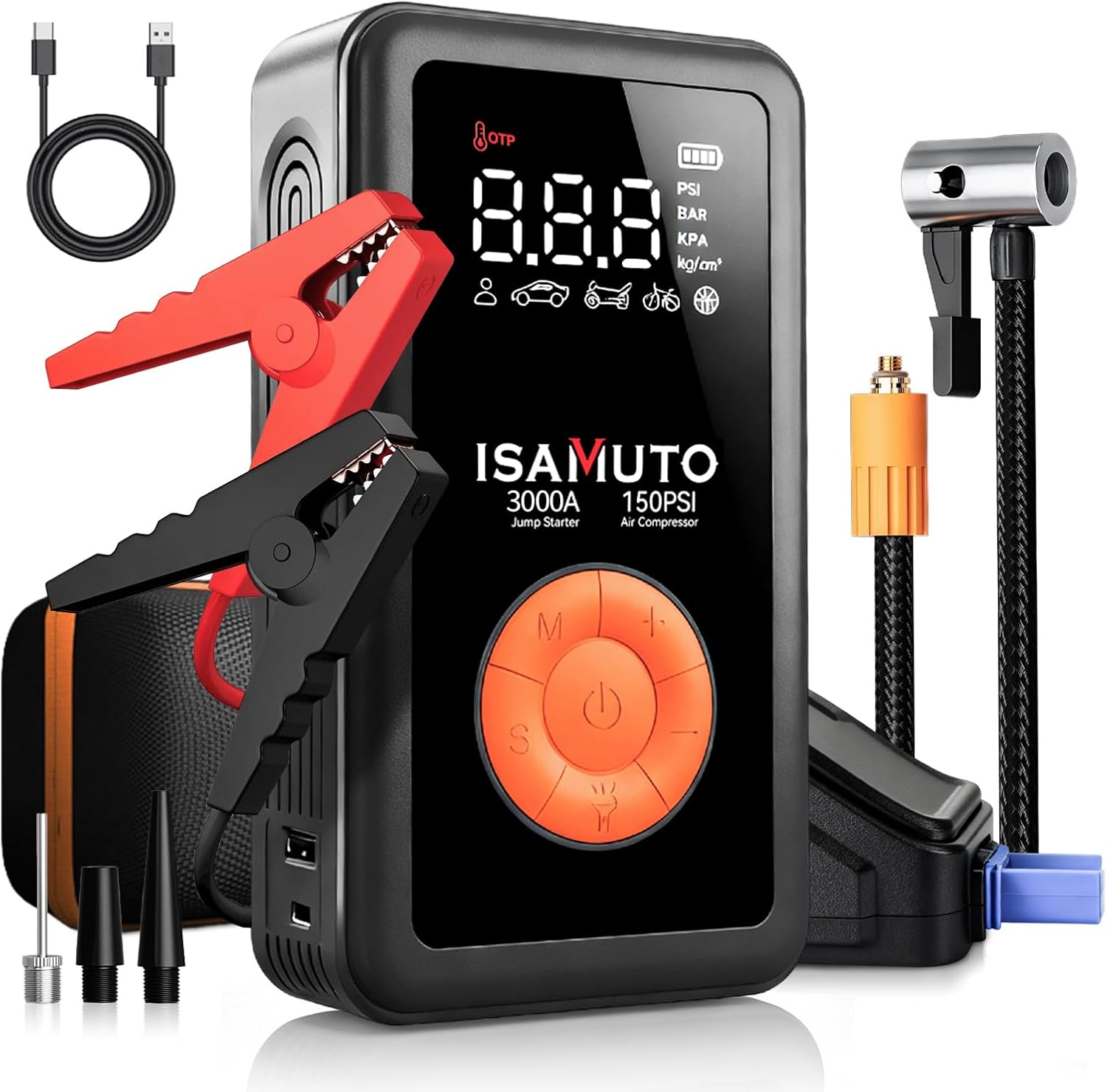 3000A Car Battery Jump Starter with Air Compressor, 150PSI Fast Inflate Jump Starter Portable (8L Gas 6L Diesel Engine), 4 in 1 Jump Box for Car Battery 12000mAh