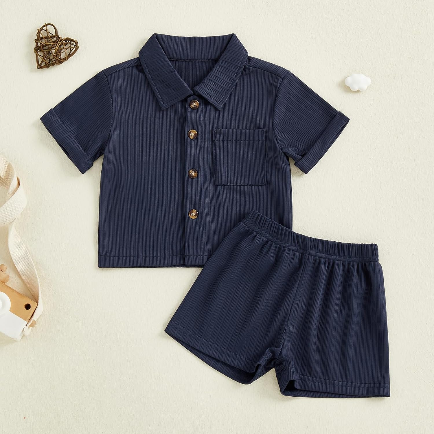 fhutpw Baby Boy Clothes Toddler Infant Leisure Ribbed Button Down Shirt Tops + Shorts Set 2PCS Summer Soft and Smooth Outfit - Image 5