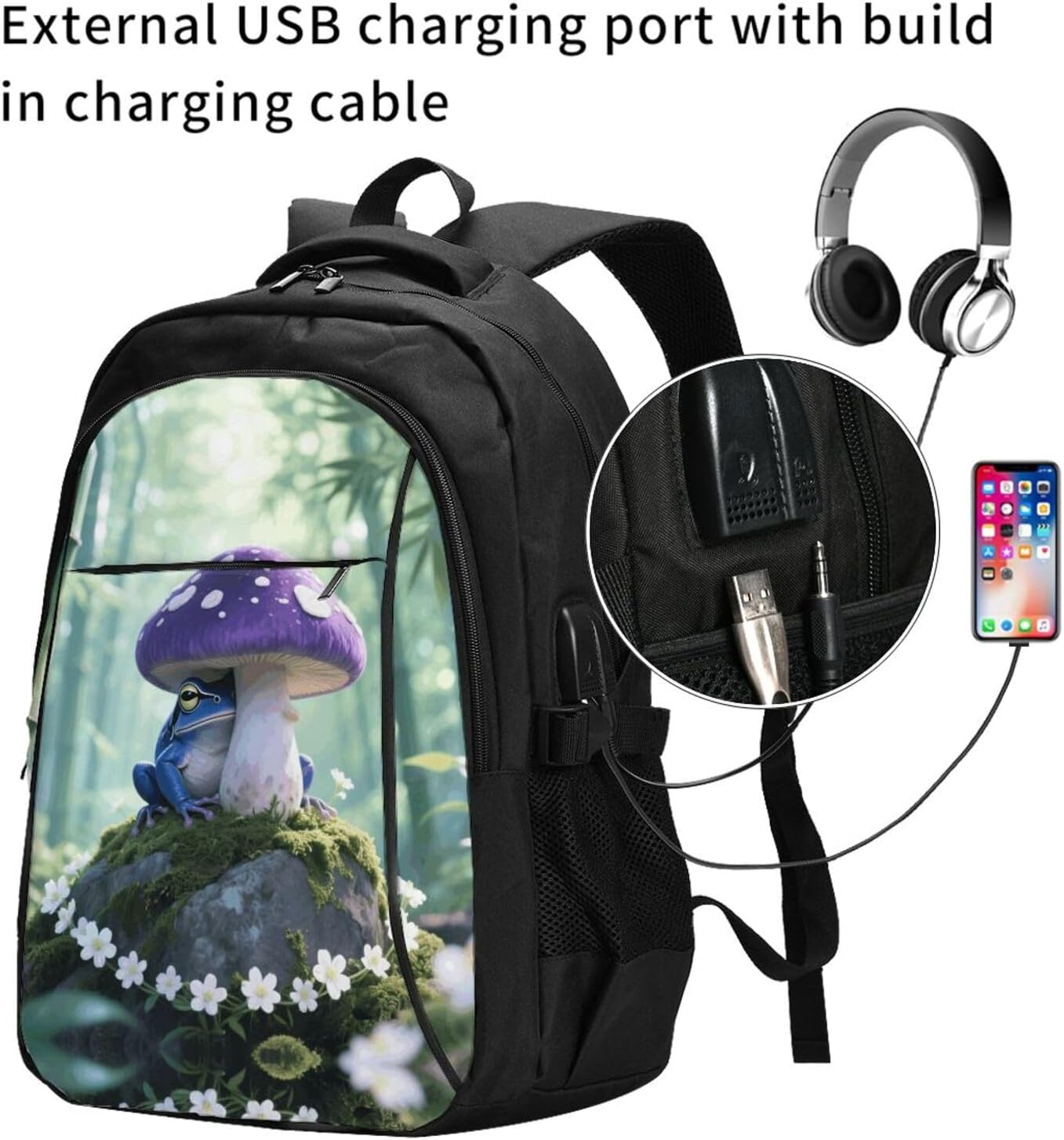 Travel Laptop Backpack Business Backpack for Men Women Frog Mushroom Aesthetic Travel Backpack with USB Charging Port image 2
