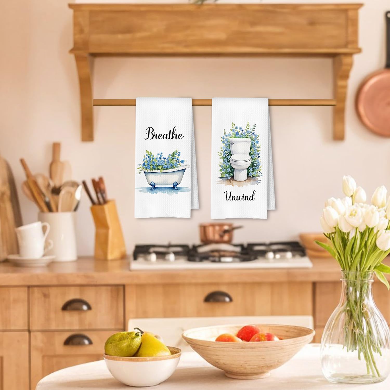 Farmhouse Blue Botanical Bathroom Hand Towels, Rustic Cottagecore Relax Breathe Soak Unwind Floral Decorative Hand Towels for Bathroom Yoga Spa Decor, 16x24 Inches Set of 4 - Image 2