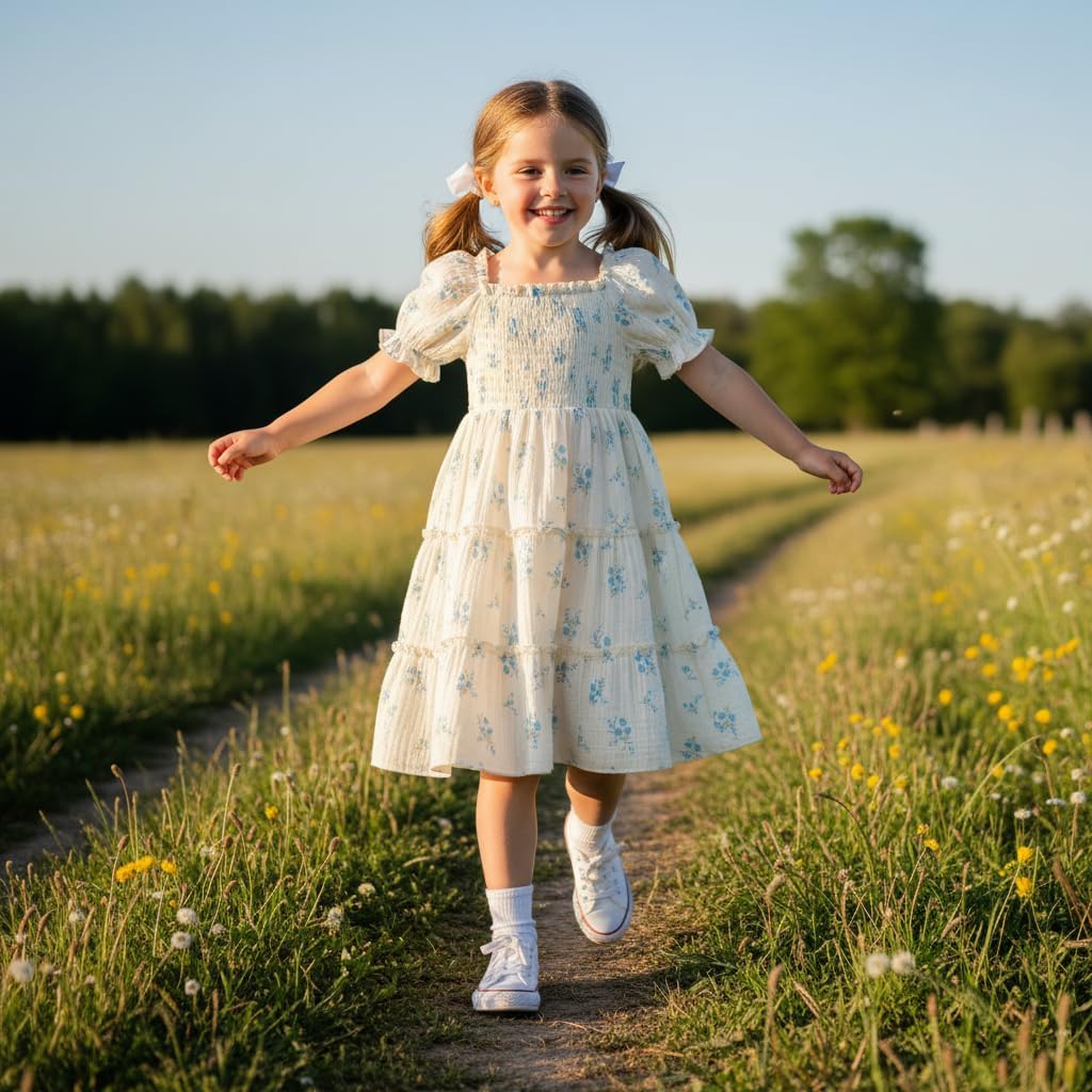 Toddler Girl Dress Short Sleeve Kids Floral Smocked Square Neck Beach Sundress | Summer Fashion Dresses 2-7Y image 5