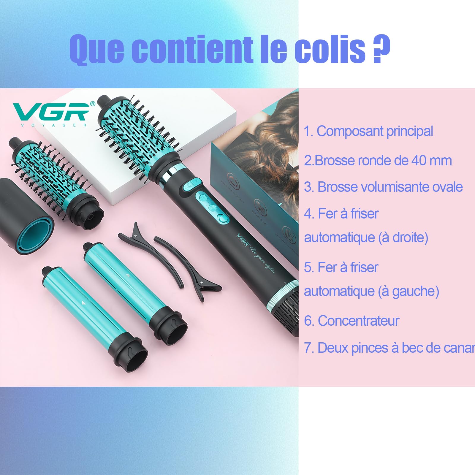 VGR 475 Brosse Soufflante 5-en-1 Multi Styler 1500W, Sèche-Cheveux Ionique avec Fer à Boucler Automatique, Brosse Ovale et Ronde, Cool Shot, 3 Températures et 2 Vitesses, Moteur BLDC, Vert
