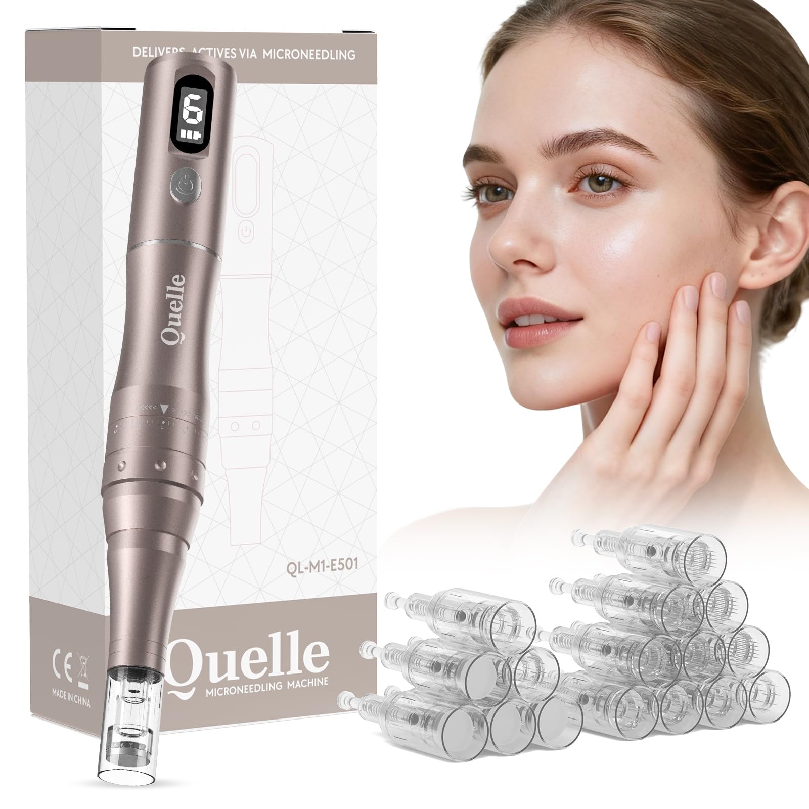 QUELLE Dermapen Microneedling Professionale - Penna Microneedling Viso Elettrico con Display LED, 6 Velocità, 16 Cartucce Ricambio - Derma-Pen Senza Fili
