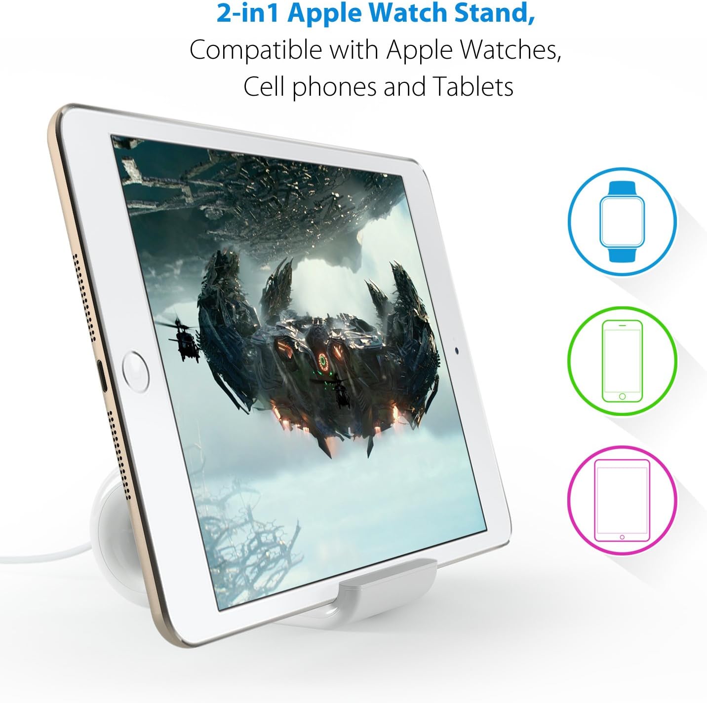 HAPTIME Apple Watch Stand Charging Dock and Cell Phone Tablet Stand Holder fit 38mm and 42mm Apple Watch Edition Sport Series 1 2 iPhone 7 Plus 6 6s Plus 6SE 5 5s 5C iPad Mini Air Pro 2 3 4 (White)